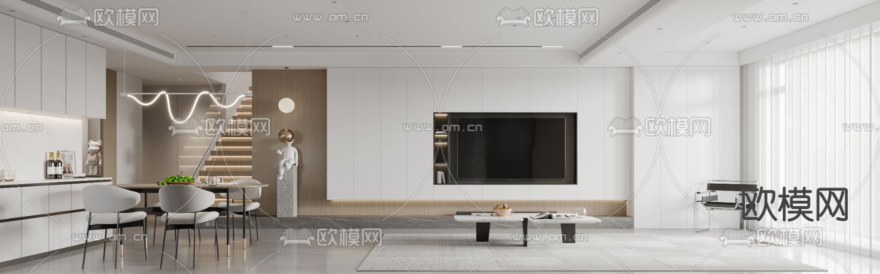 现代奶油风客餐厅3d模型下载（渲染图2）