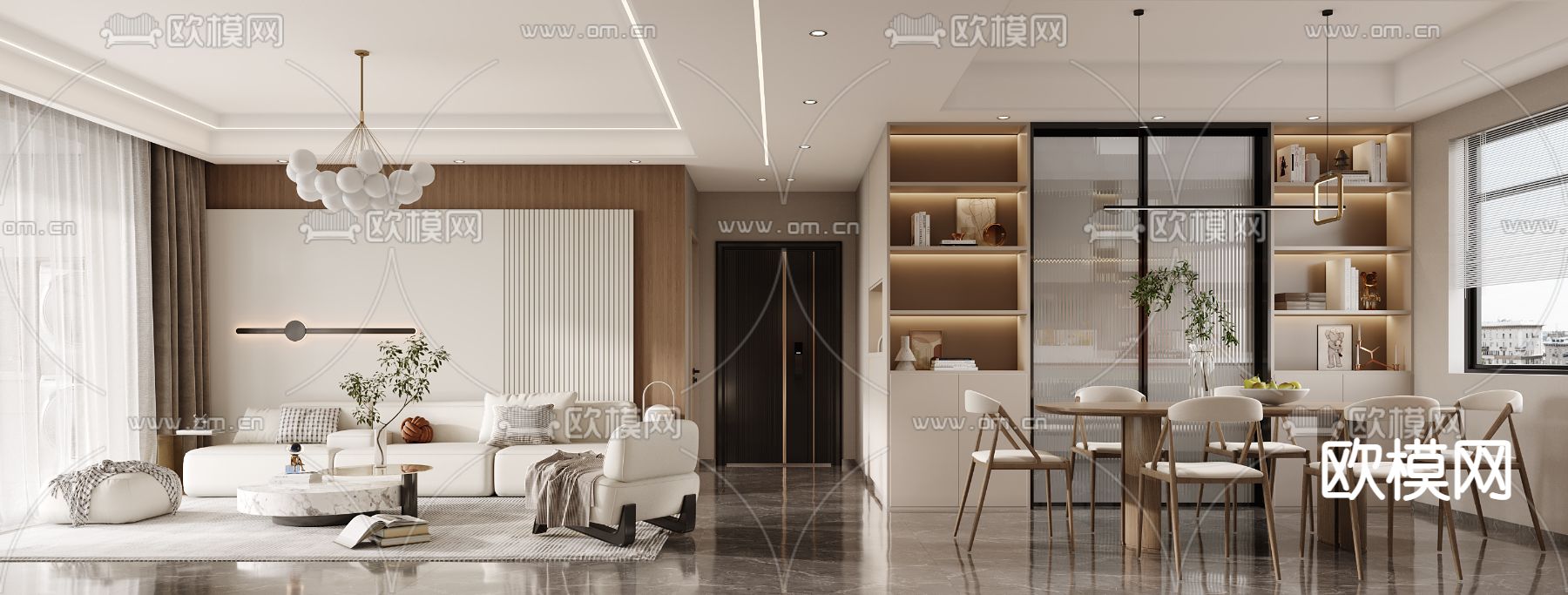 现代奶油风客厅餐厅3d模型下载（渲染图1）