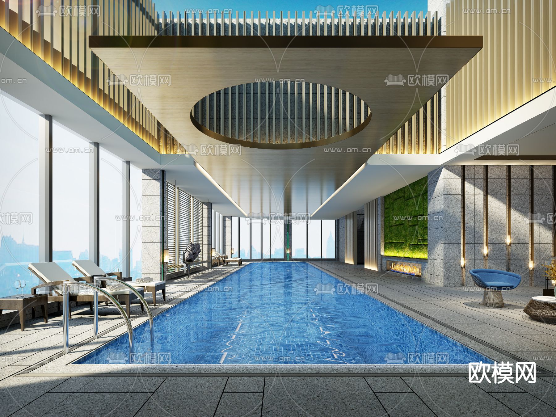 现代酒店游泳池3d模型下载（渲染图1）
