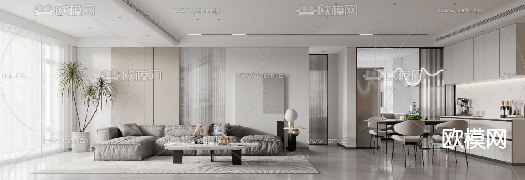 现代奶油风客餐厅3d模型下载（渲染图3）