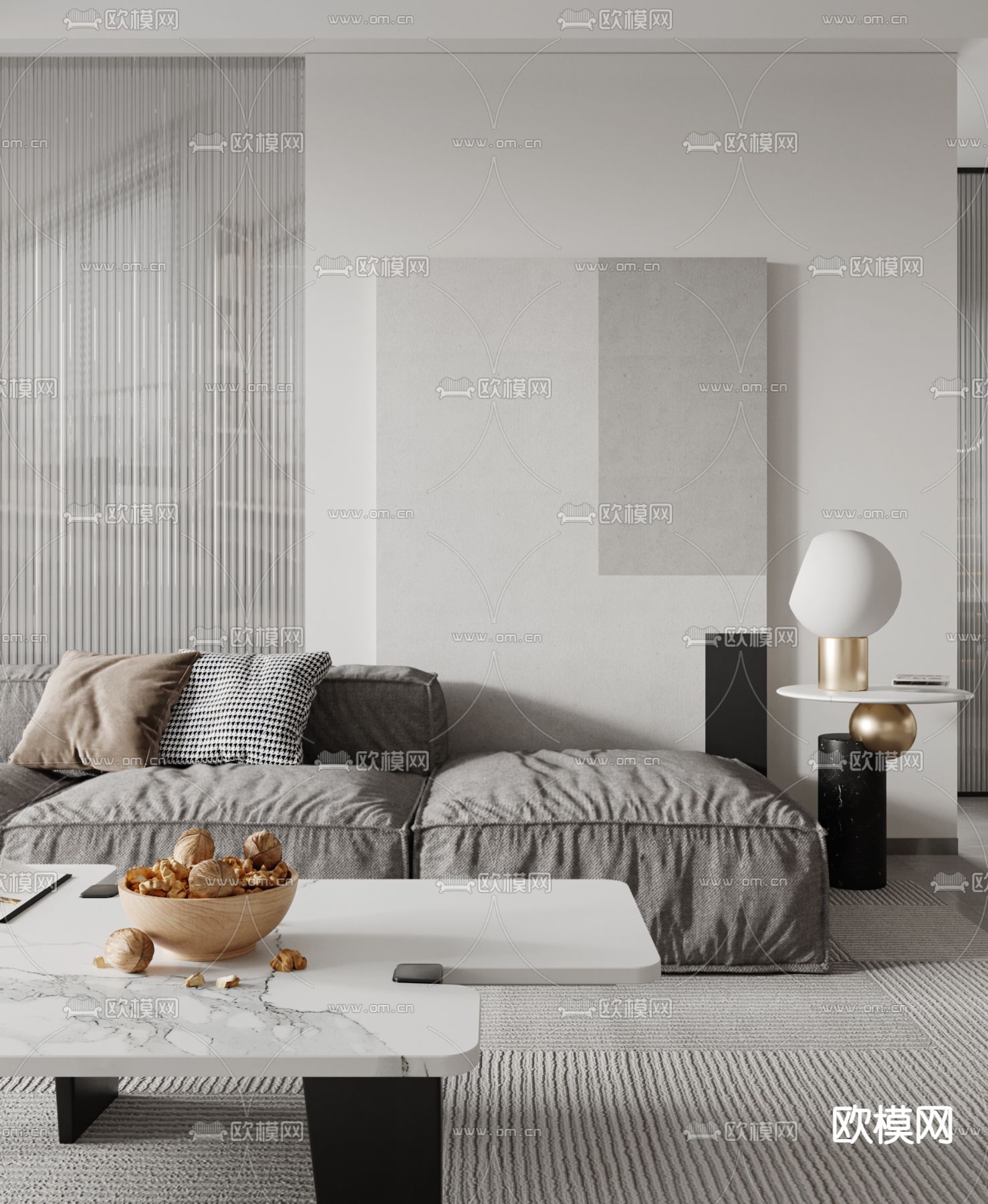 现代奶油风客餐厅3d模型下载（渲染图5）