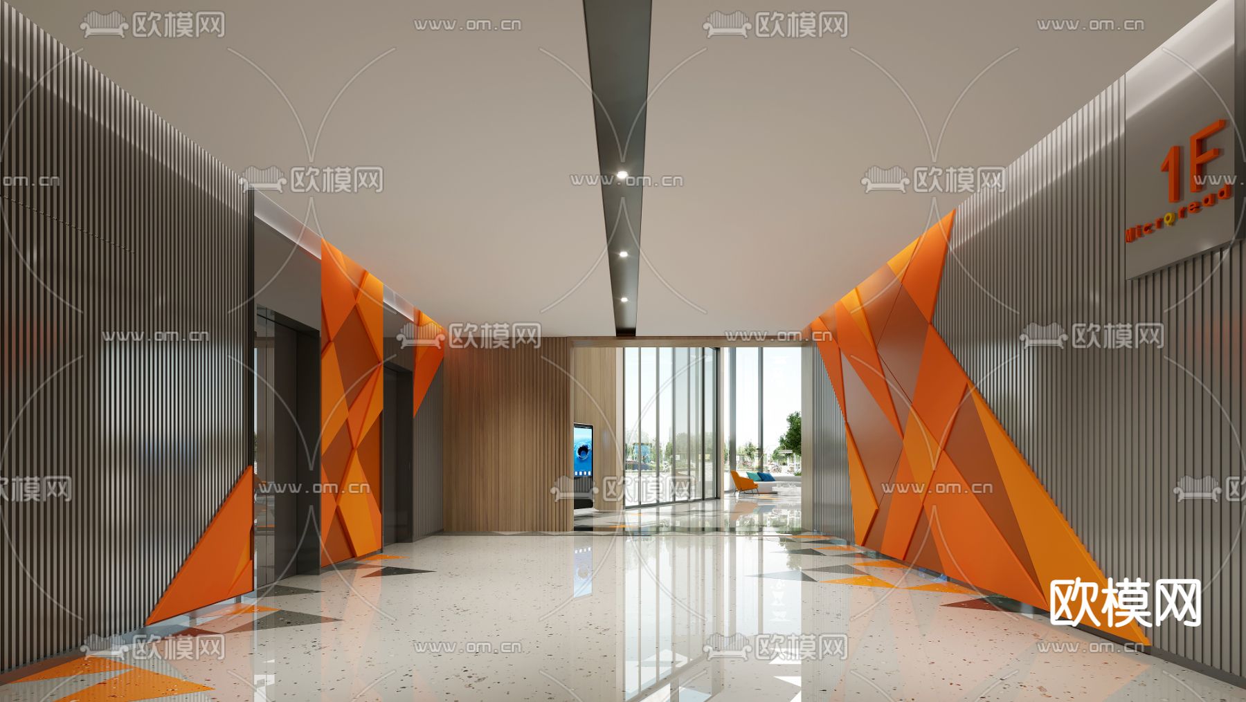 现代公司前台大厅3d模型下载（渲染图2）