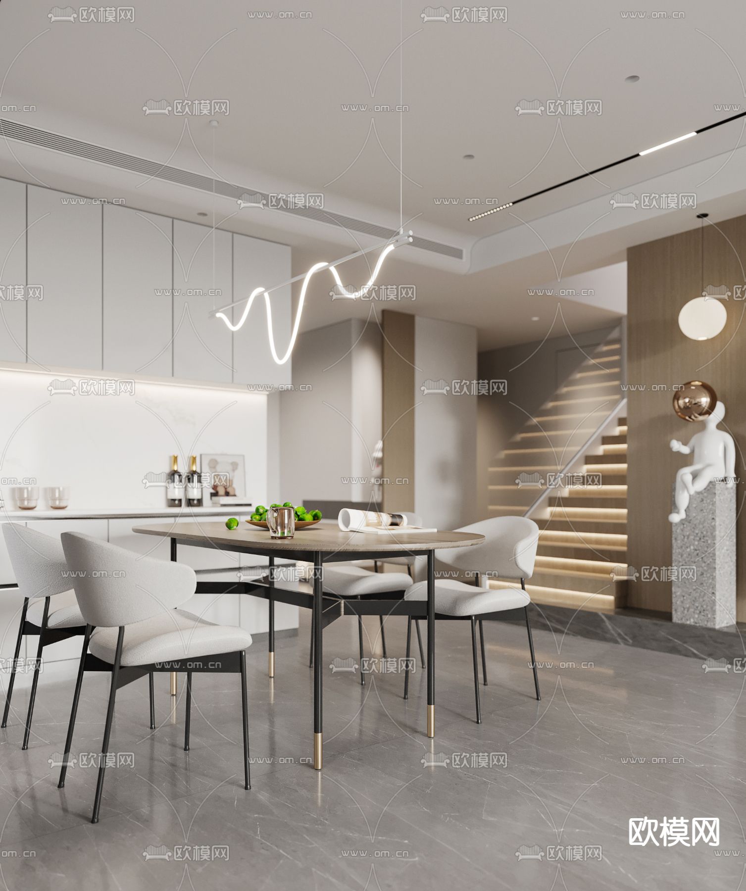 现代奶油风客餐厅3d模型下载（渲染图6）