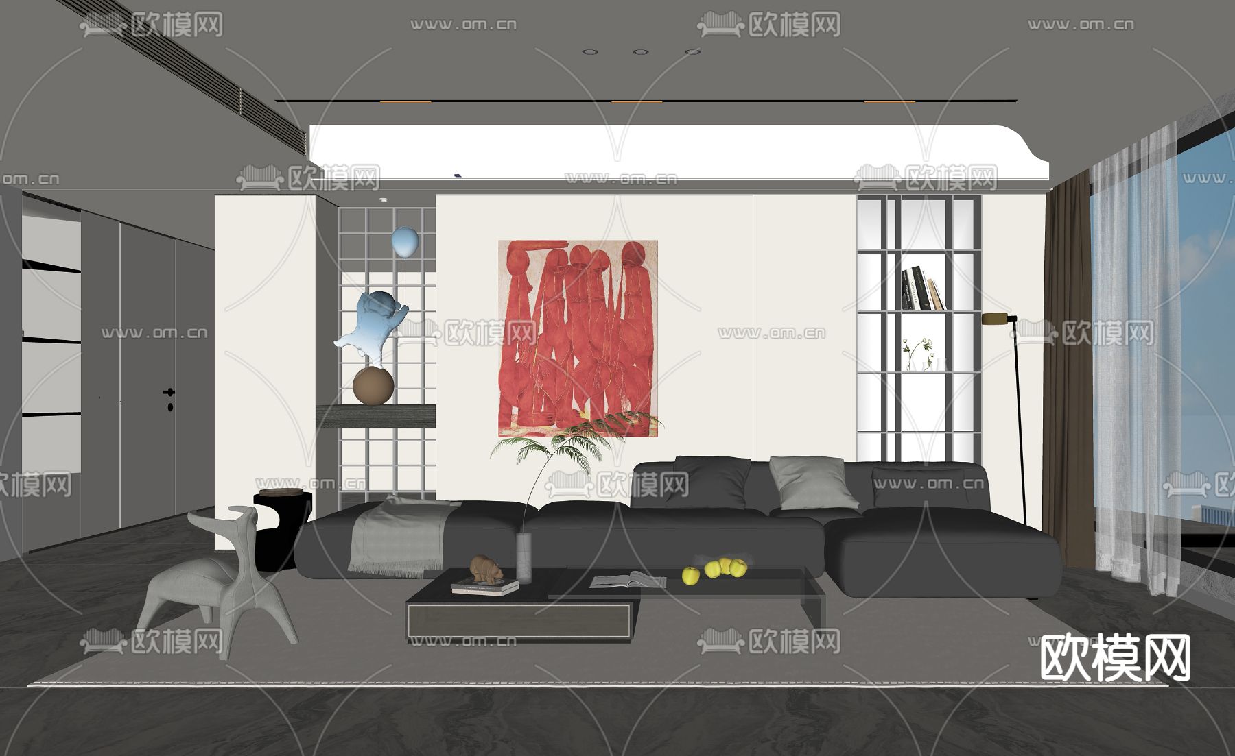 现代黑色皮革沙发组合su模型下载（渲染图2）