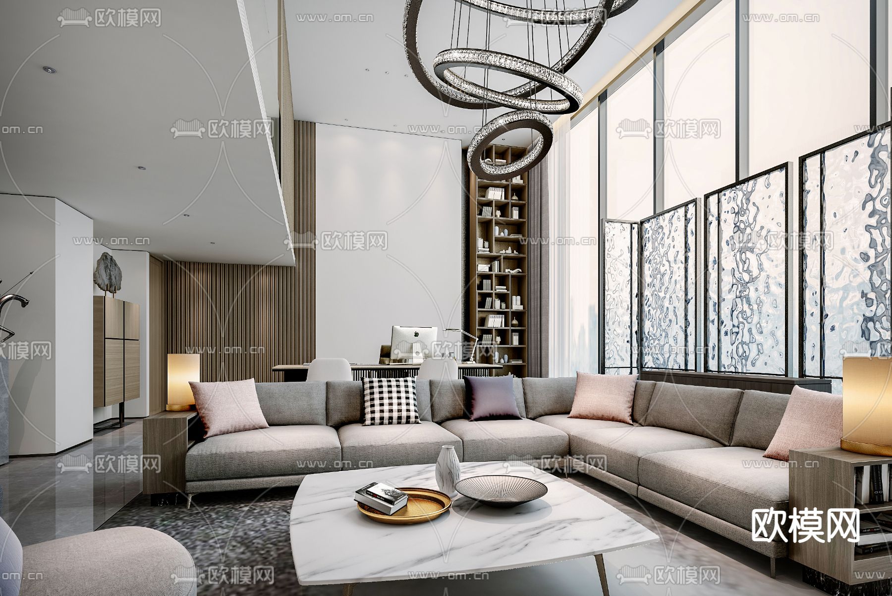 现代轻奢别墅客厅3d模型下载（渲染图2）