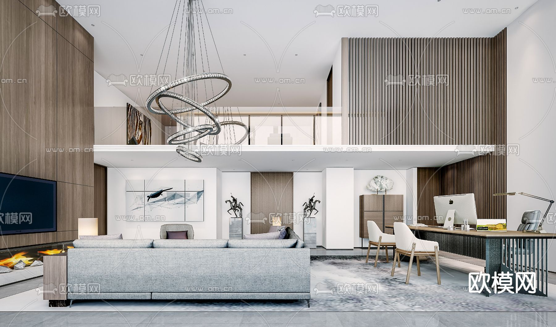 现代轻奢别墅客厅3d模型下载（渲染图1）