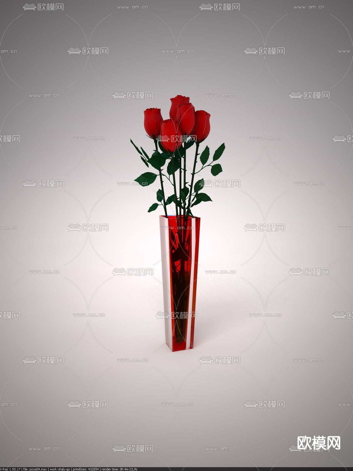 现代简约红色玻璃花瓶红玫瑰花艺免费3d模型下载