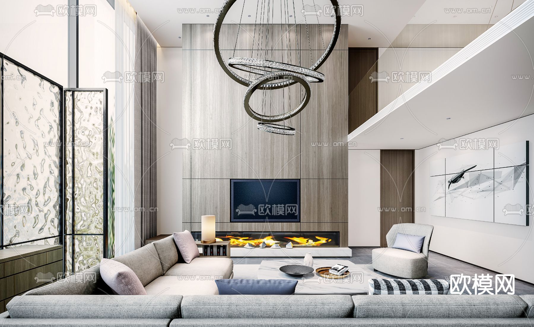 现代轻奢别墅客厅3d模型下载（渲染图3）