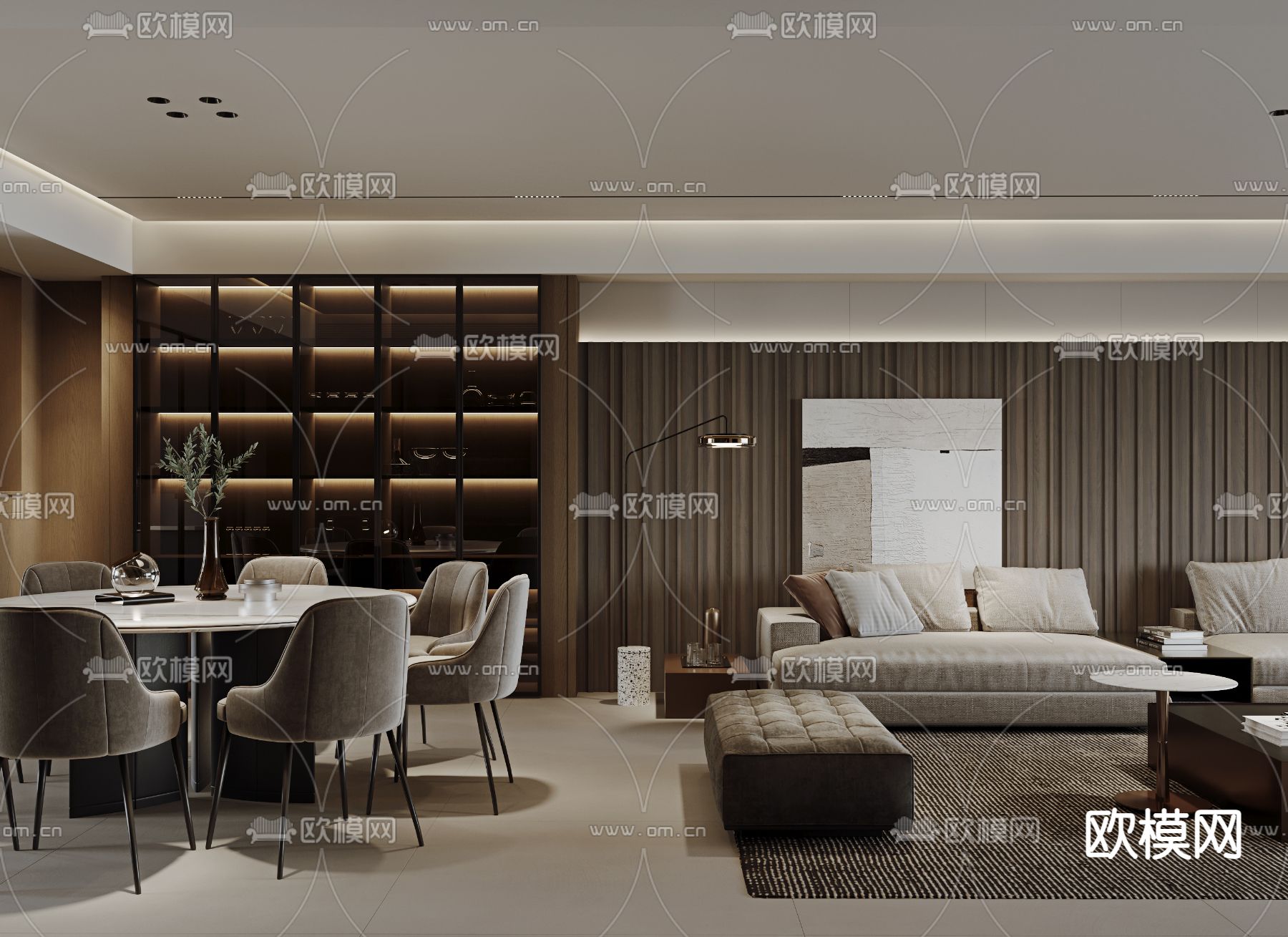 现代客厅餐厅3d模型下载（渲染图2）