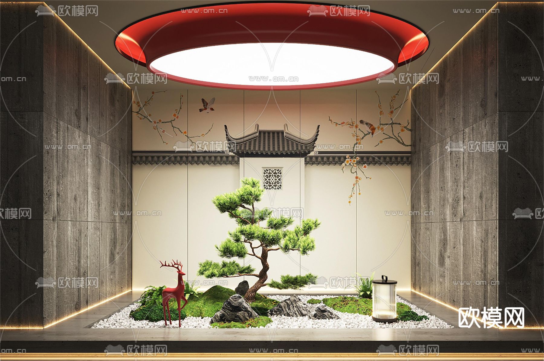 新中式松树假山小品3d模型下载（渲染图1）