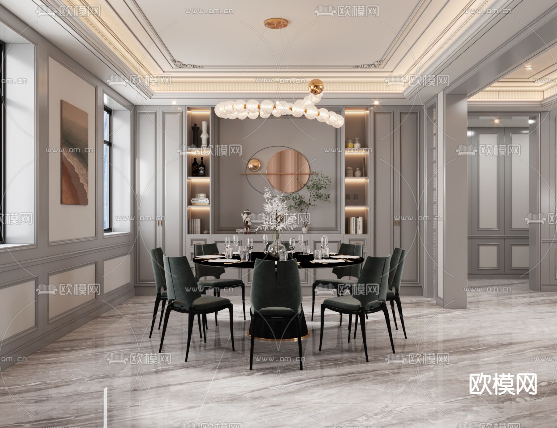 简欧别墅客厅餐厅3d模型下载（渲染图4）