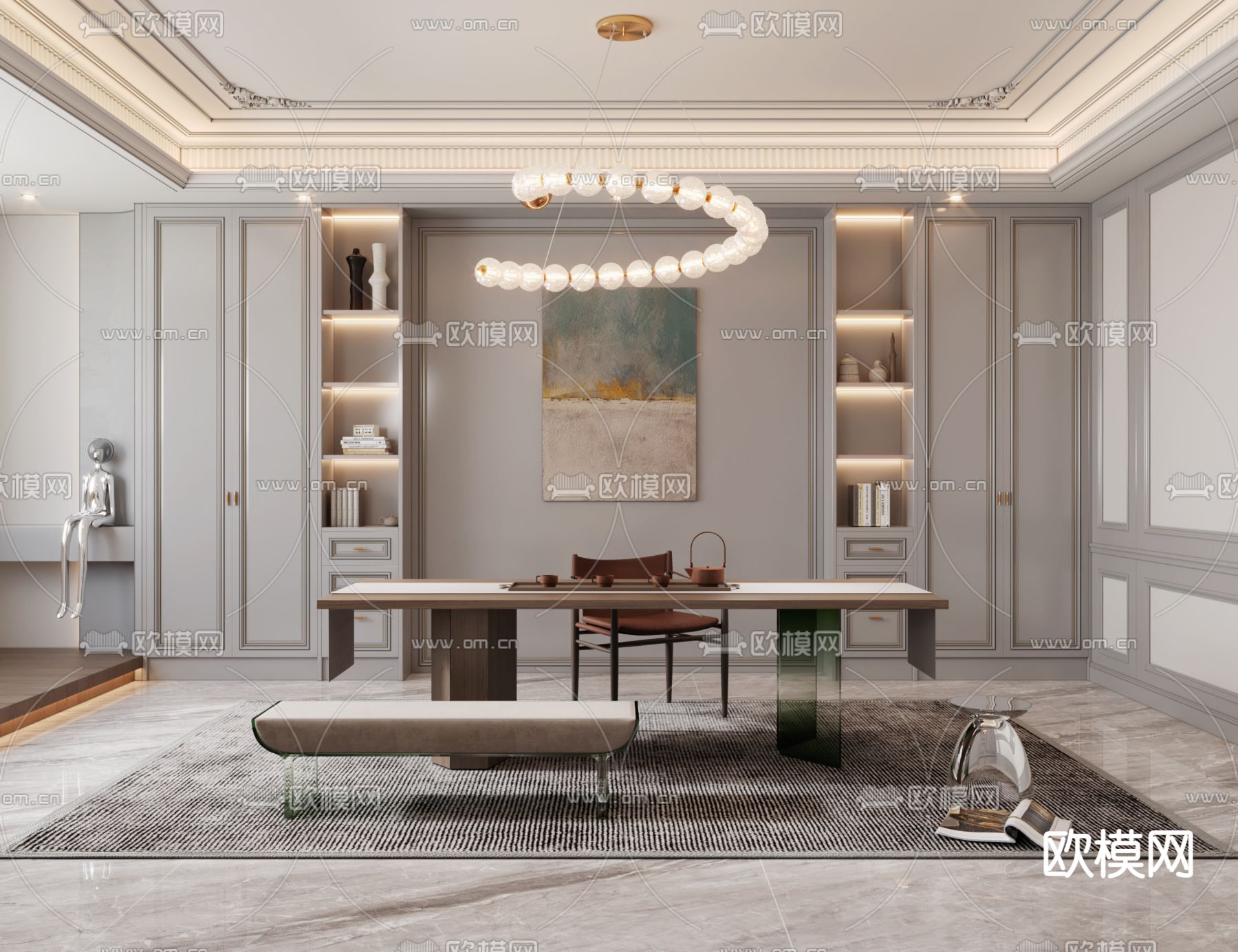 简欧别墅客厅餐厅3d模型下载（渲染图2）