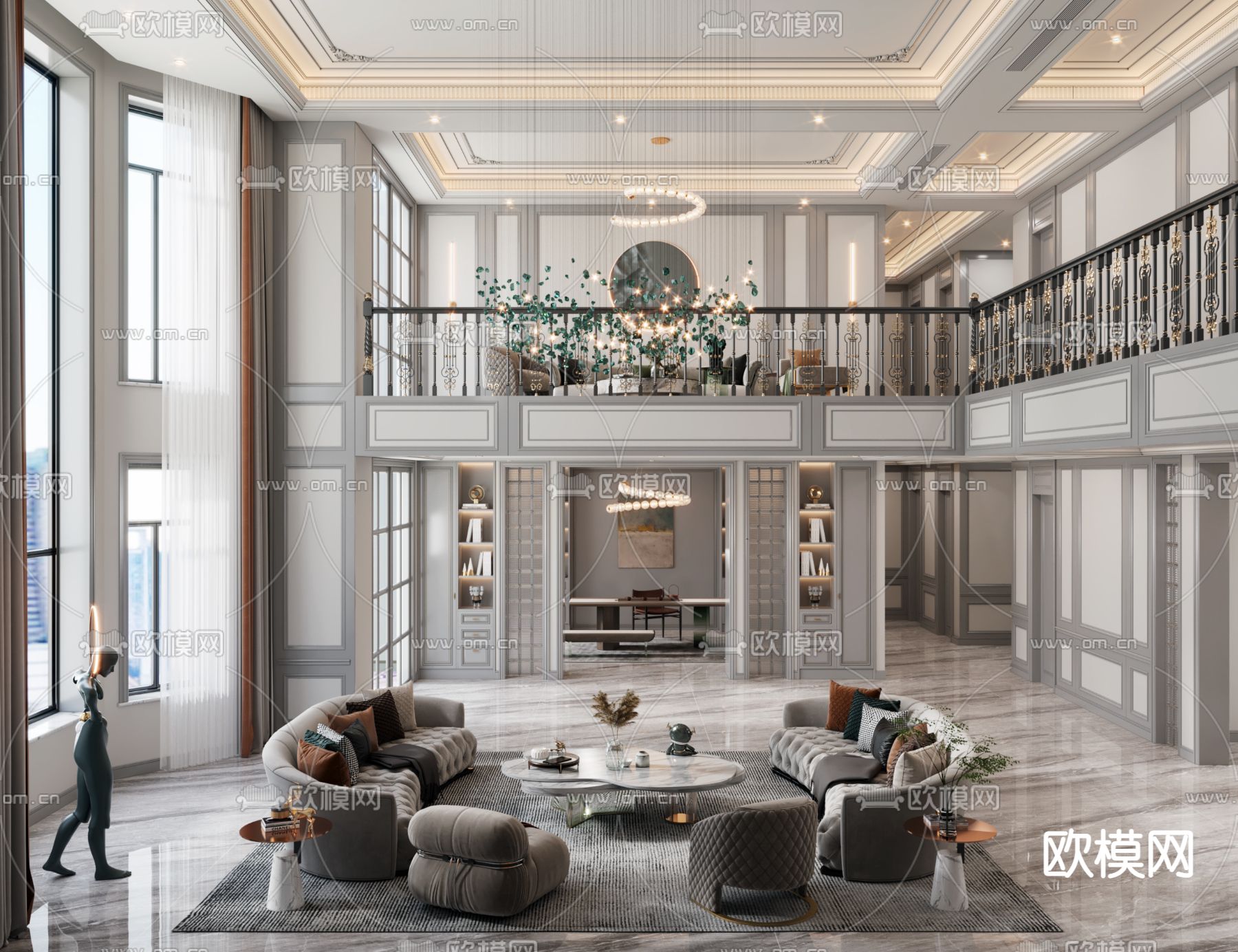 简欧别墅客厅餐厅3d模型下载（渲染图1）