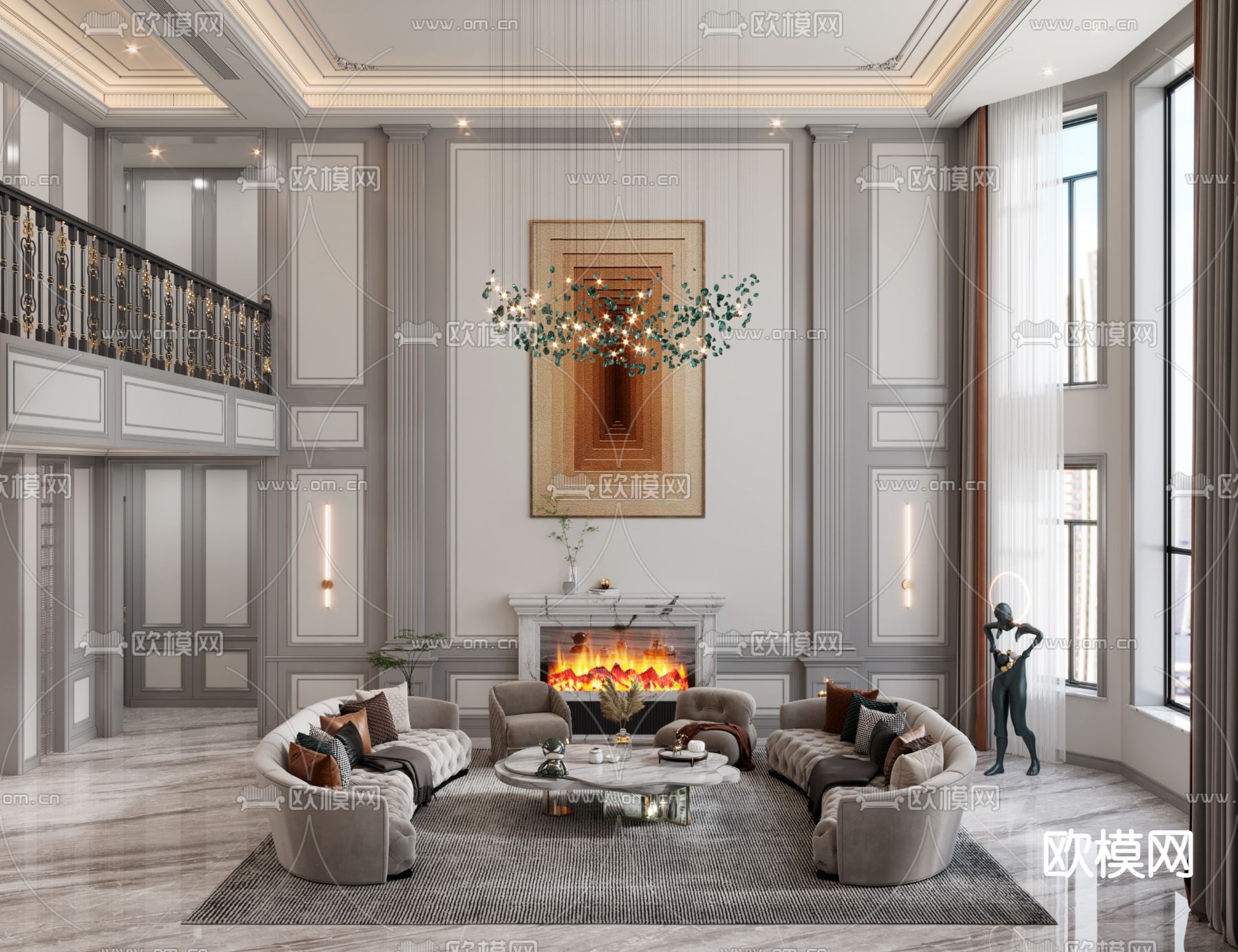 简欧别墅客厅餐厅3d模型下载（渲染图3）