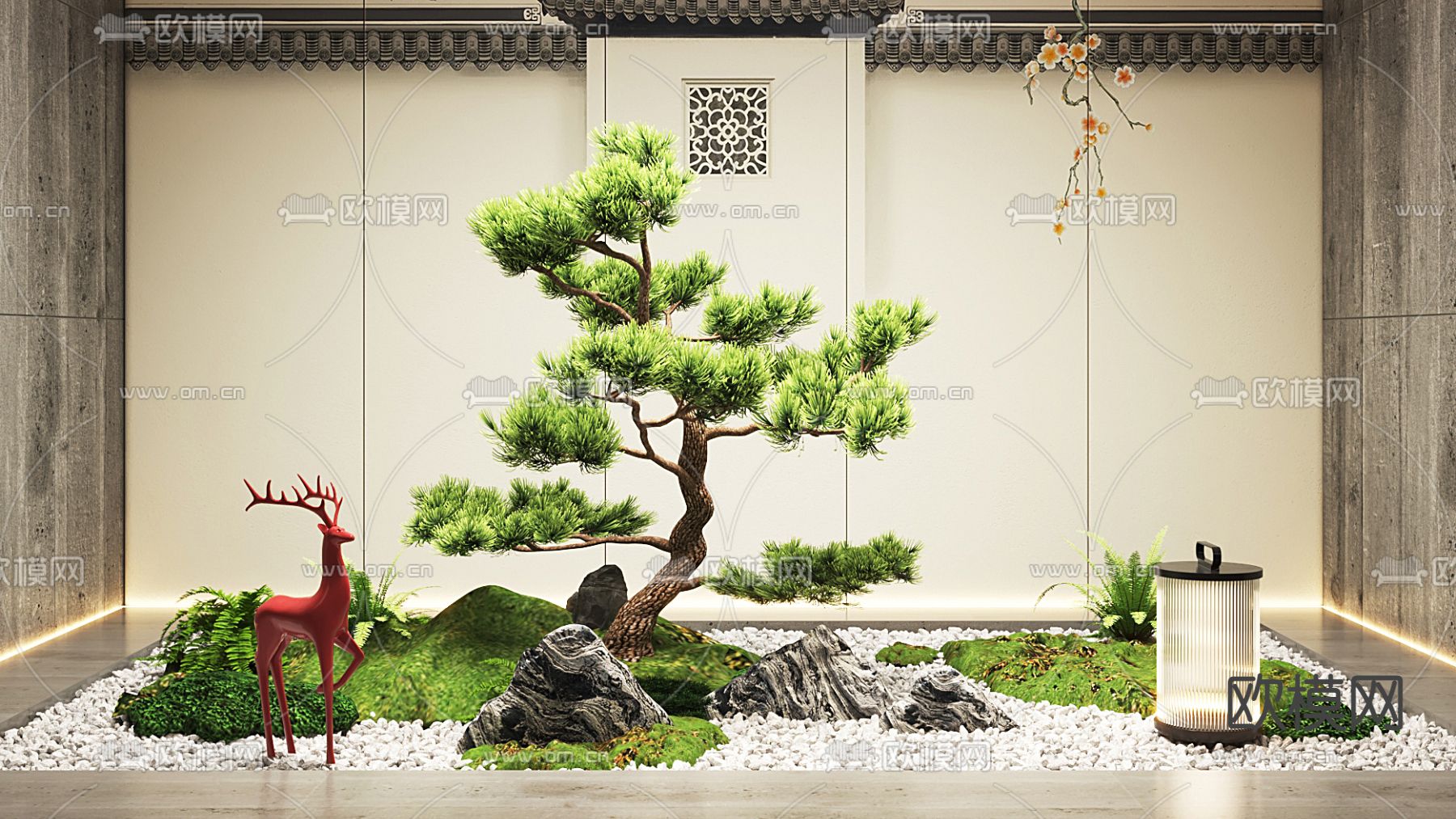 新中式松树假山小品3d模型下载（渲染图2）