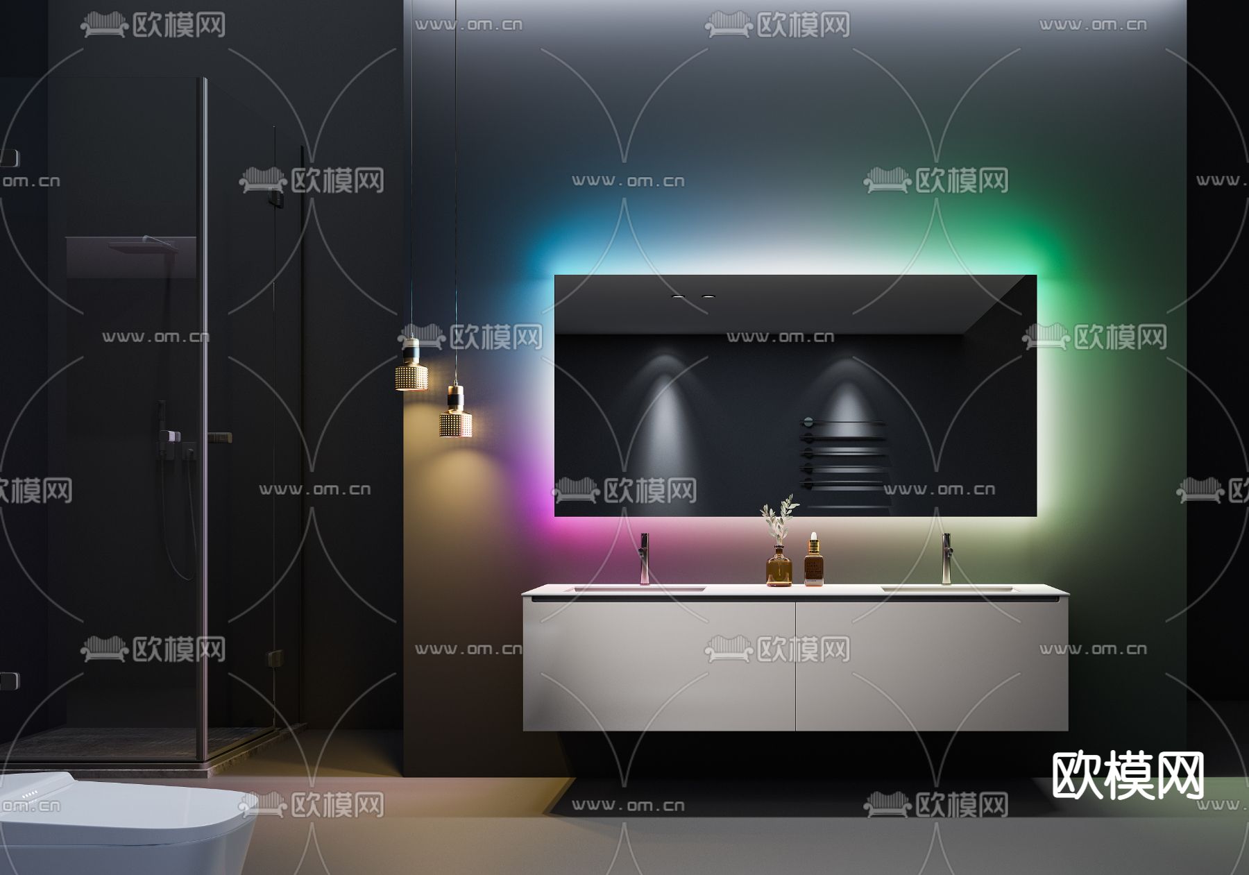 现代高级灰浴室台盆柜3d模型下载（渲染图1）