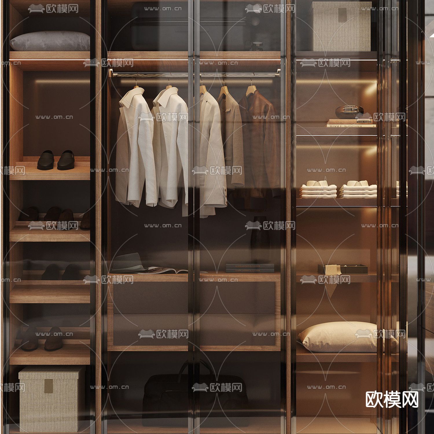 现代轻奢实木玻璃转角衣柜3d模型下载
