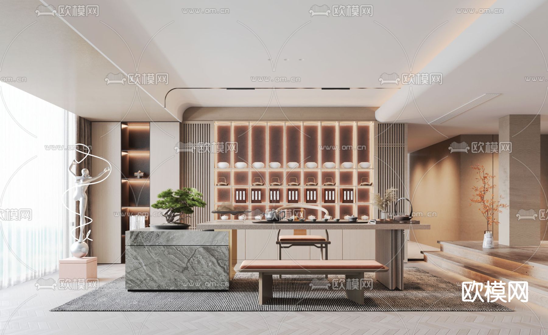 新中式茶室3d模型下载_ID12025209_3dmax免费模型-欧模网