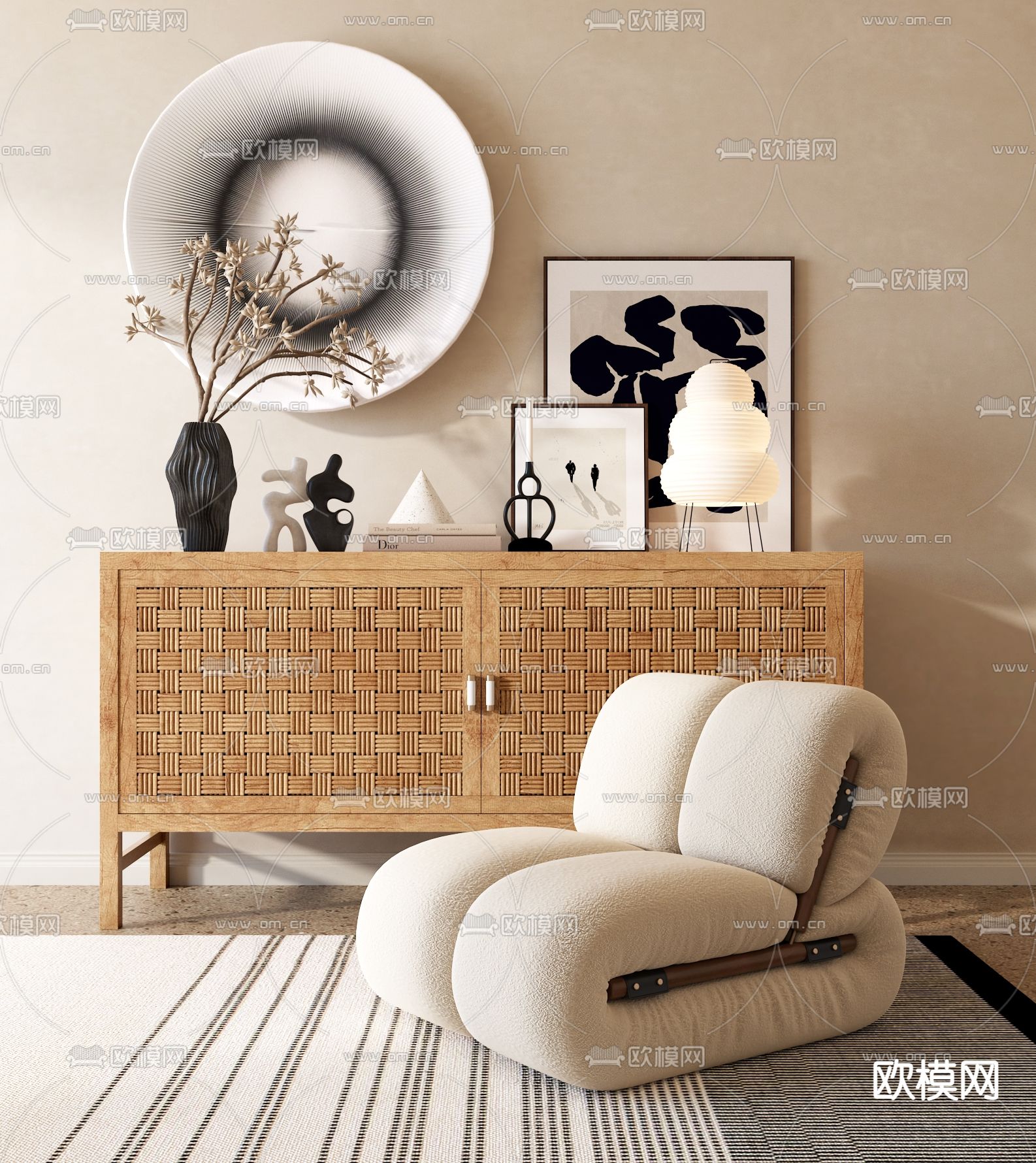 侘寂风白色布艺单人沙发3d模型下载