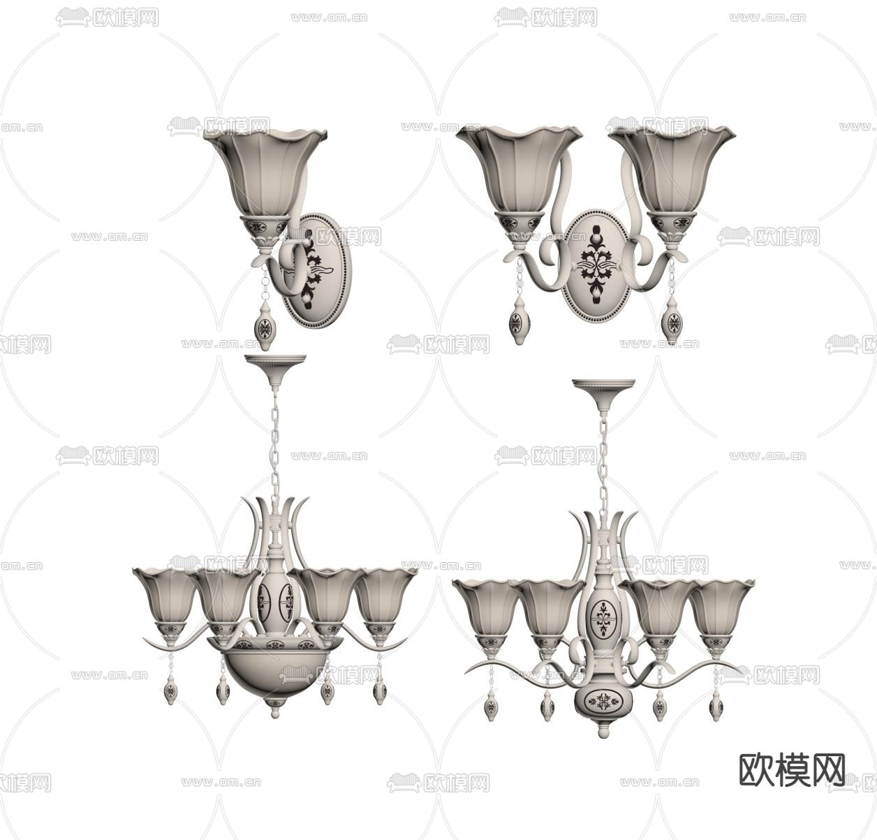 欧式吊灯壁灯组合su模型下载（渲染图2）