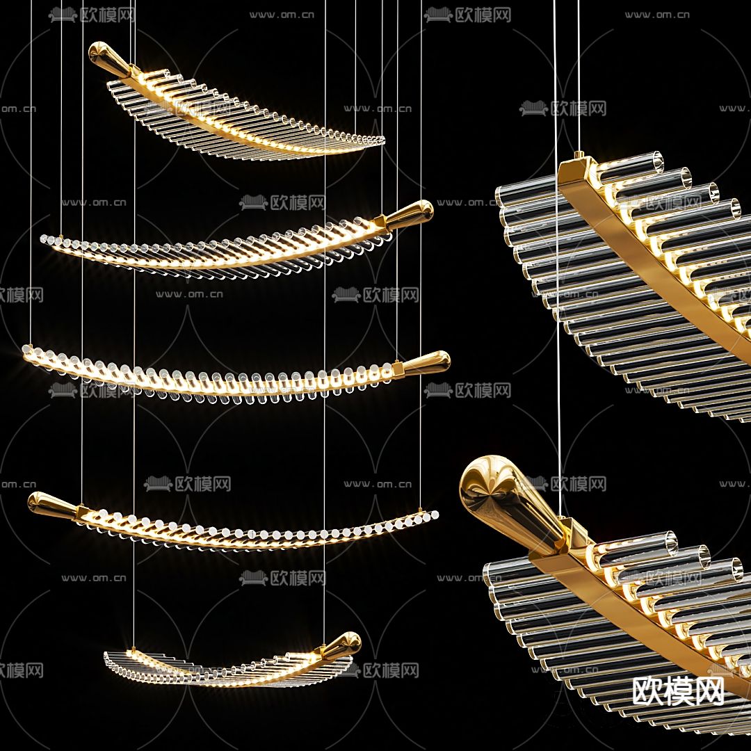 现代轻奢羽毛水晶柱吊灯3d模型下载