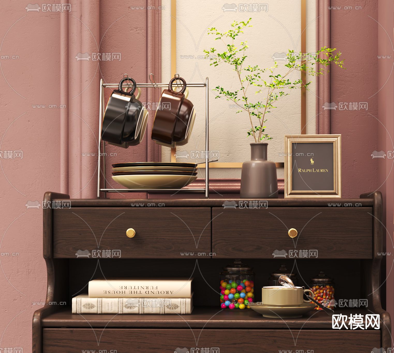 美式茶杯书籍花瓶装饰摆件3d模型下载