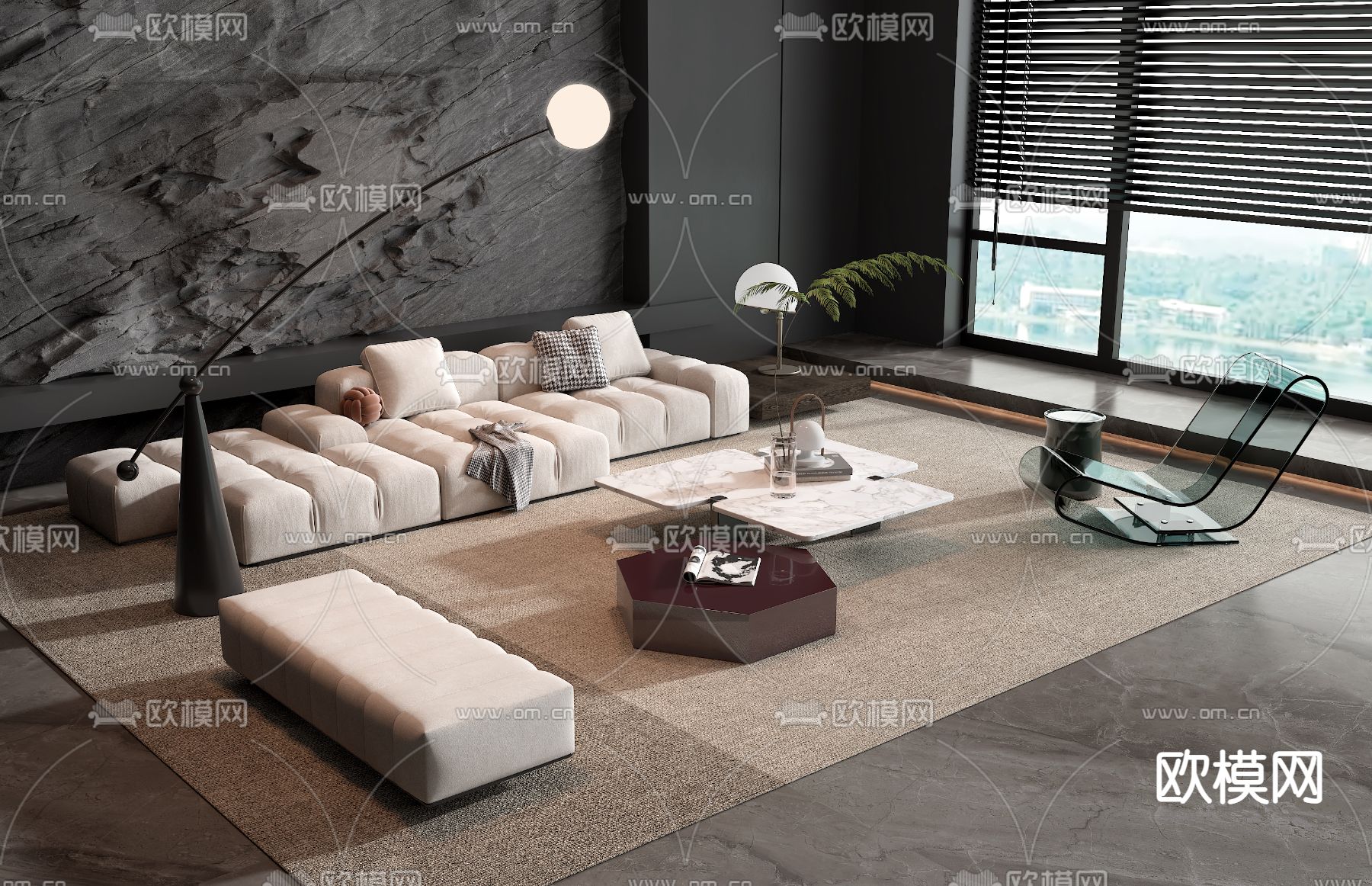现代沙发茶几组合su模型下载（渲染图1）