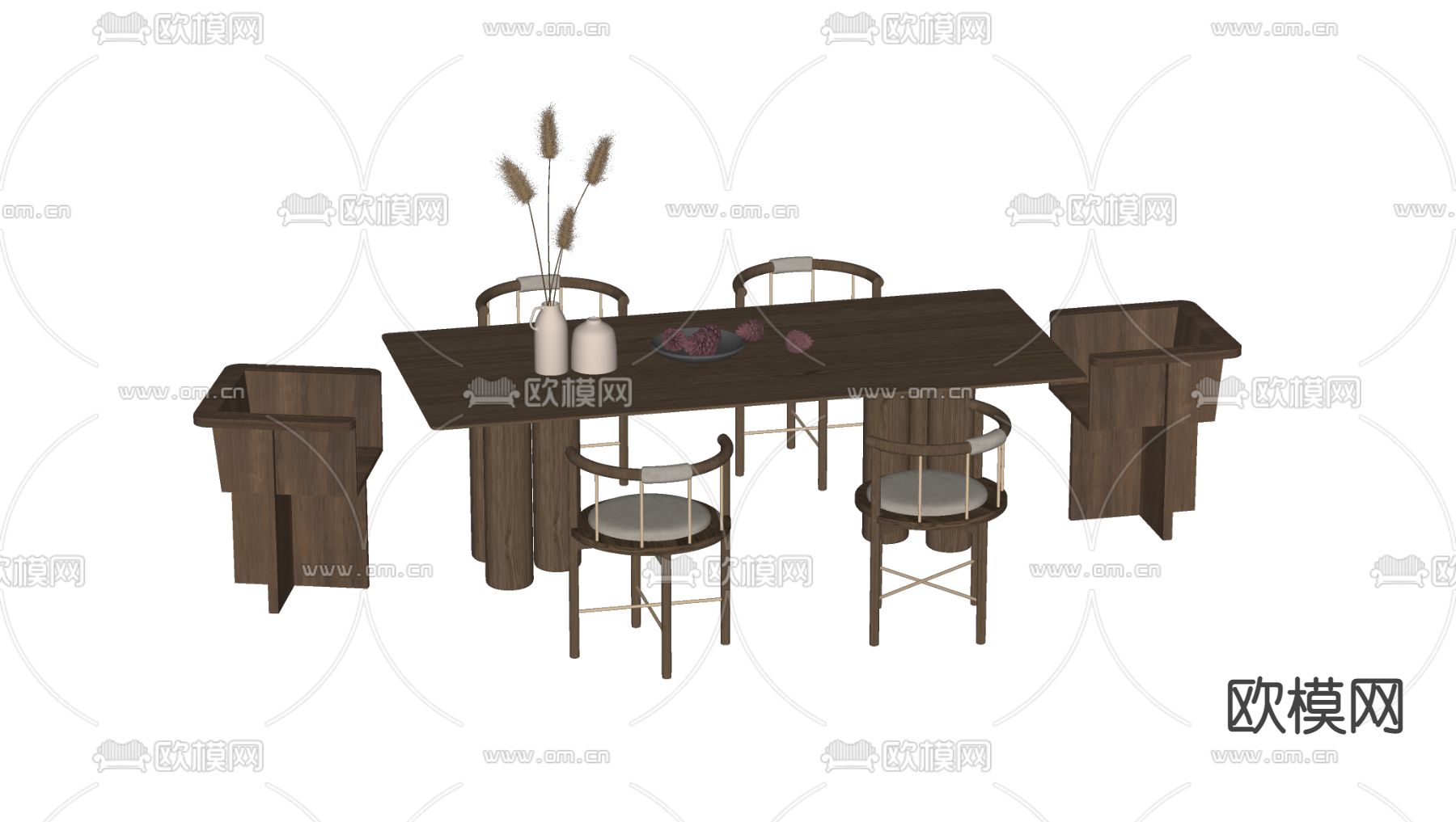 侘寂实木餐桌椅su模型下载