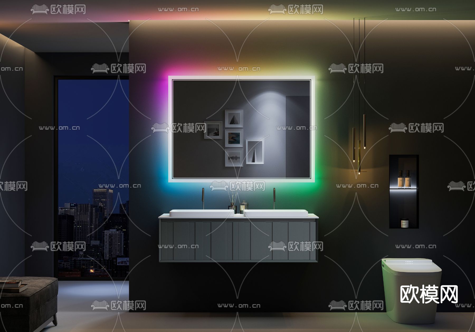 现代高级灰浴室台盆柜3d模型下载（渲染图1）
