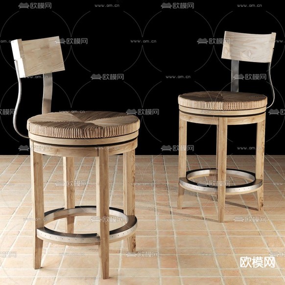 北欧复古实木铁艺吧台椅免费3d模型下载