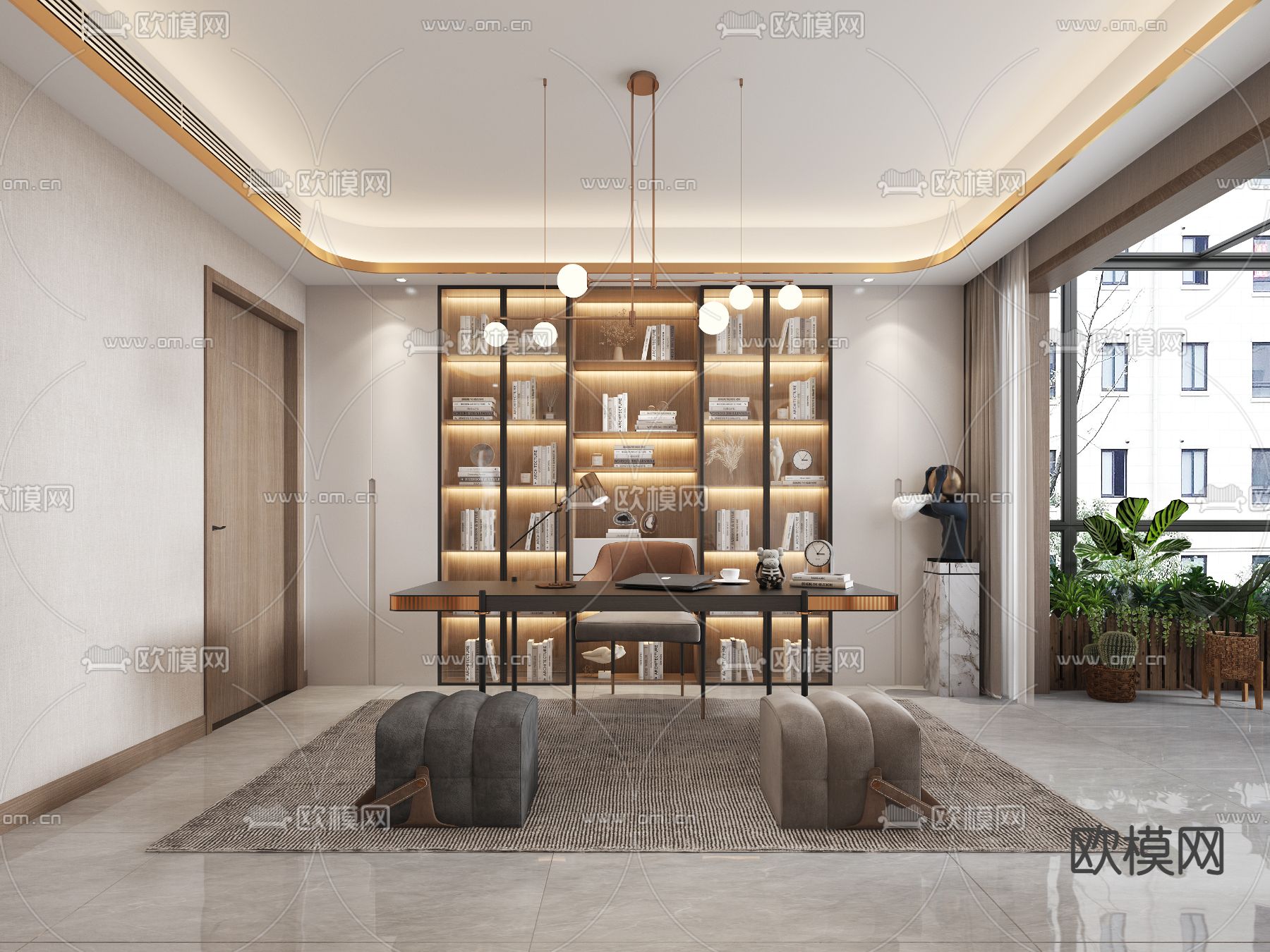 现代轻奢书房3d模型下载