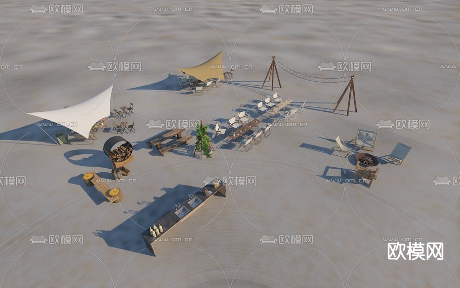 现代户外天幕餐桌椅组合3d模型下载(渲染图1)