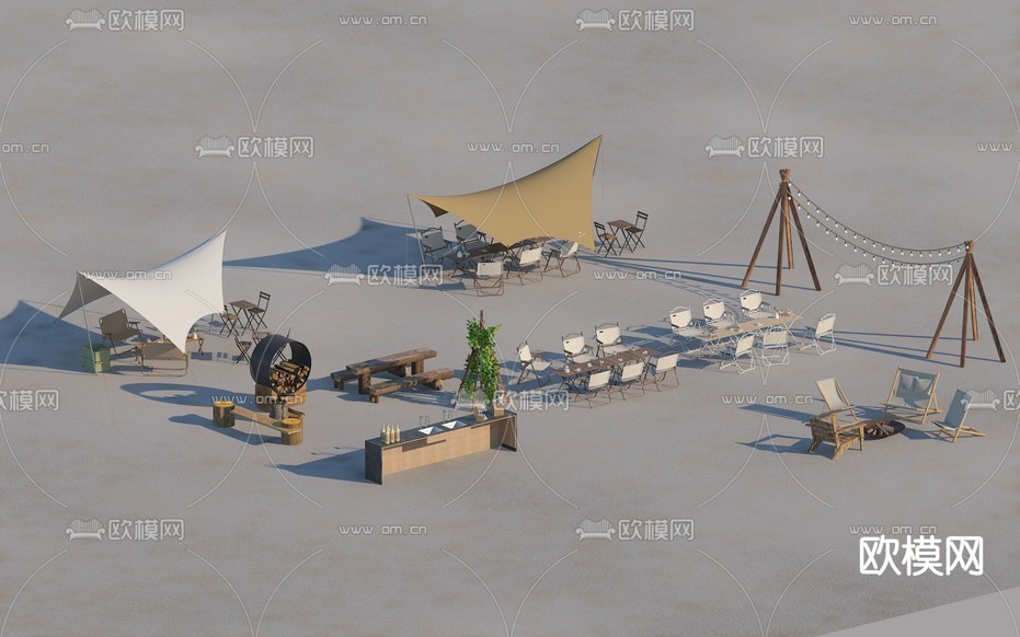现代户外天幕餐桌椅组合3d模型下载(渲染图2)