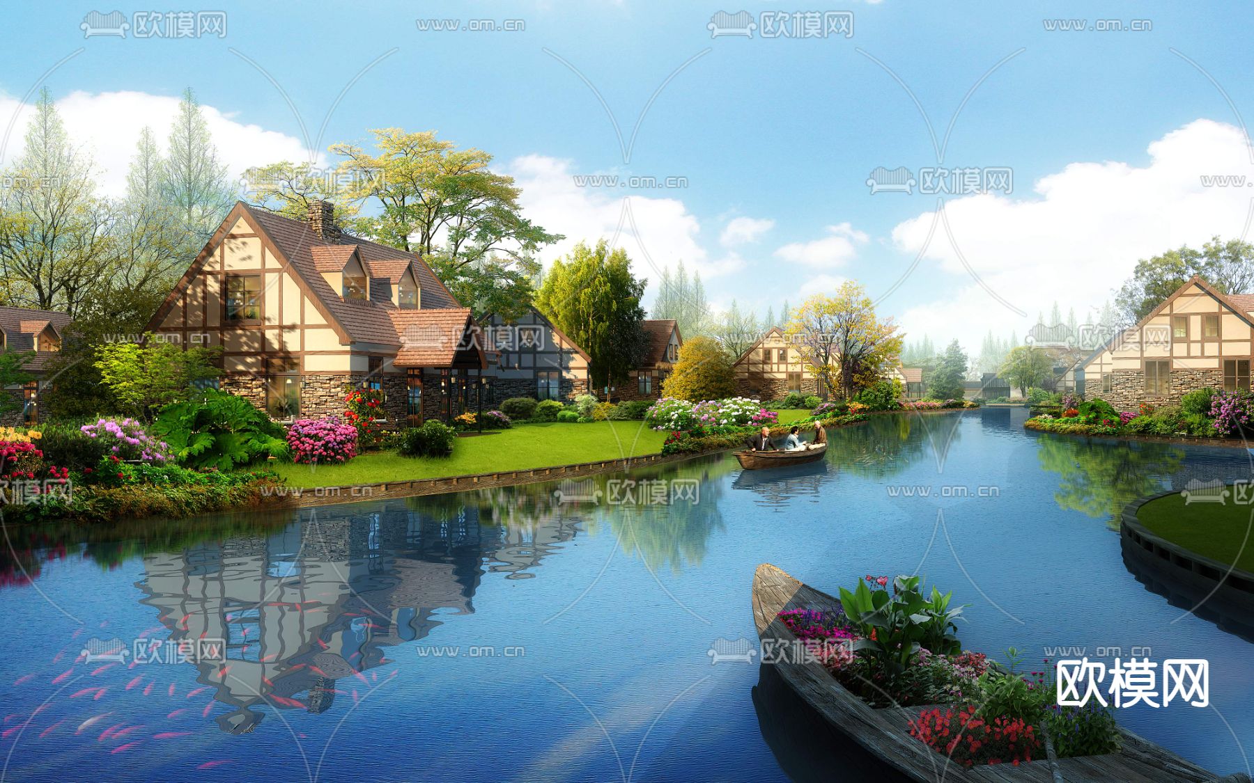 欧式滨河别墅区景观psd下载