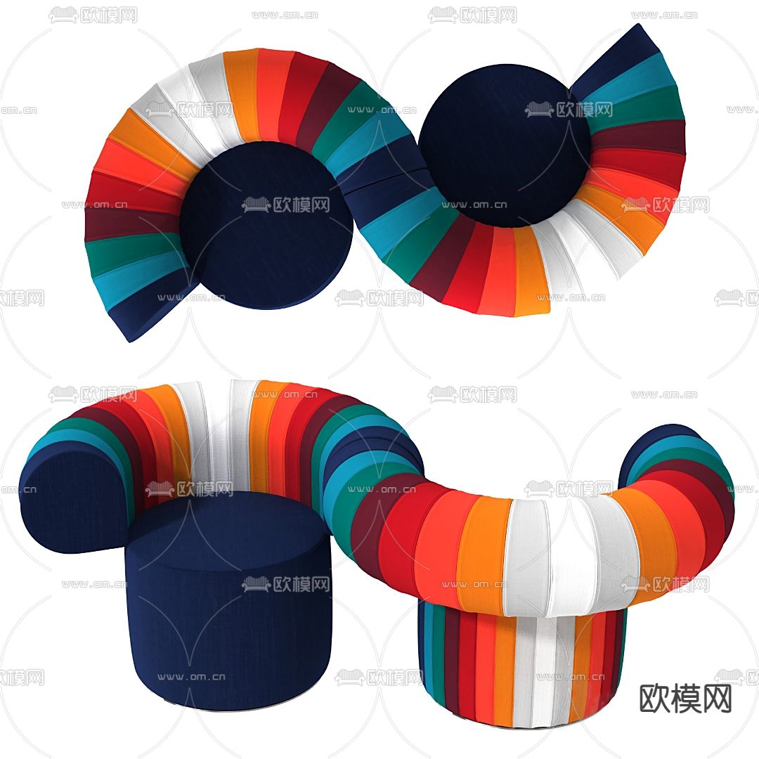 孟菲斯彩色条纹布艺弧形沙发3d模型下载