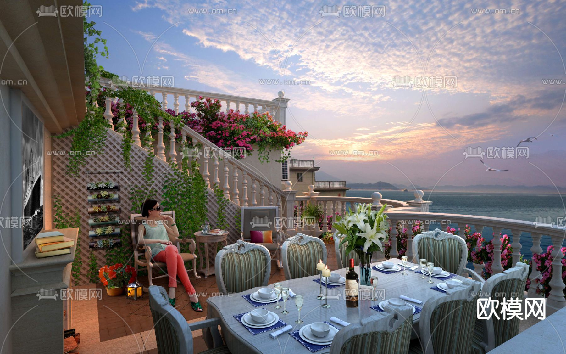 欧式海边阳台景观psd下载
