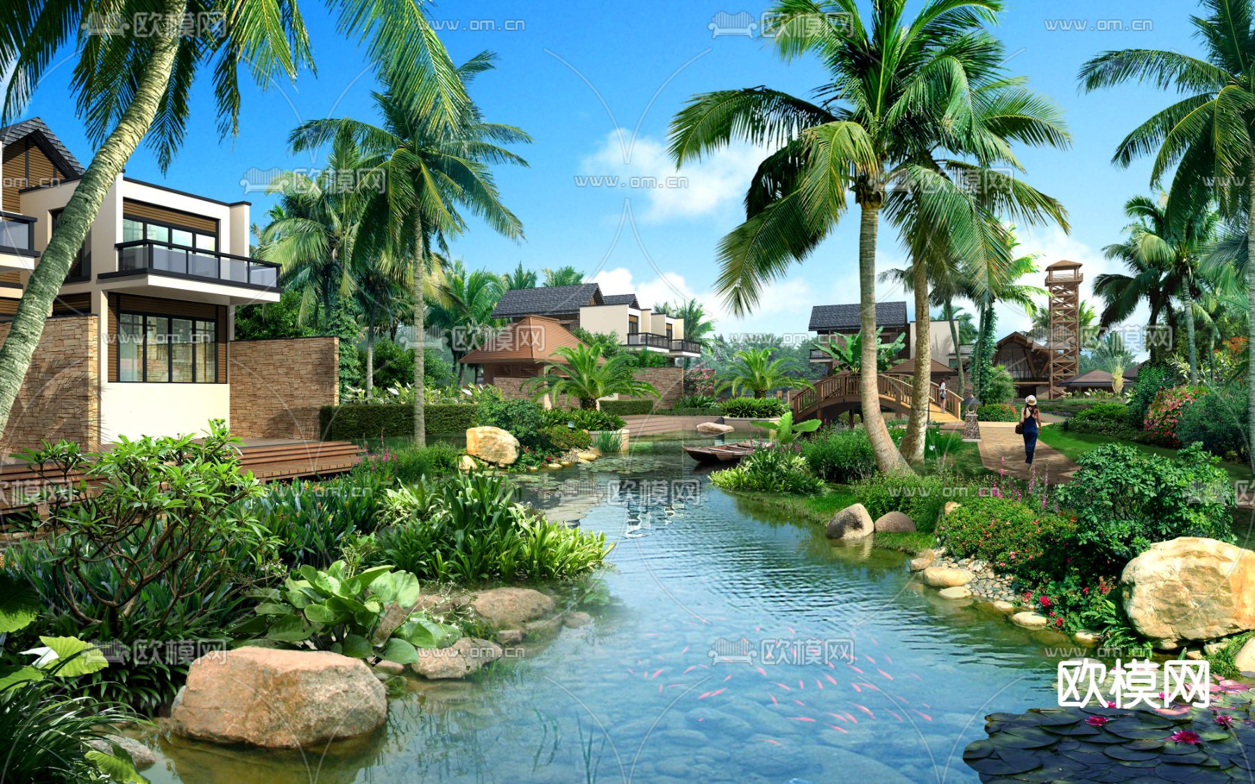 东南亚度假别墅区景观psd下载