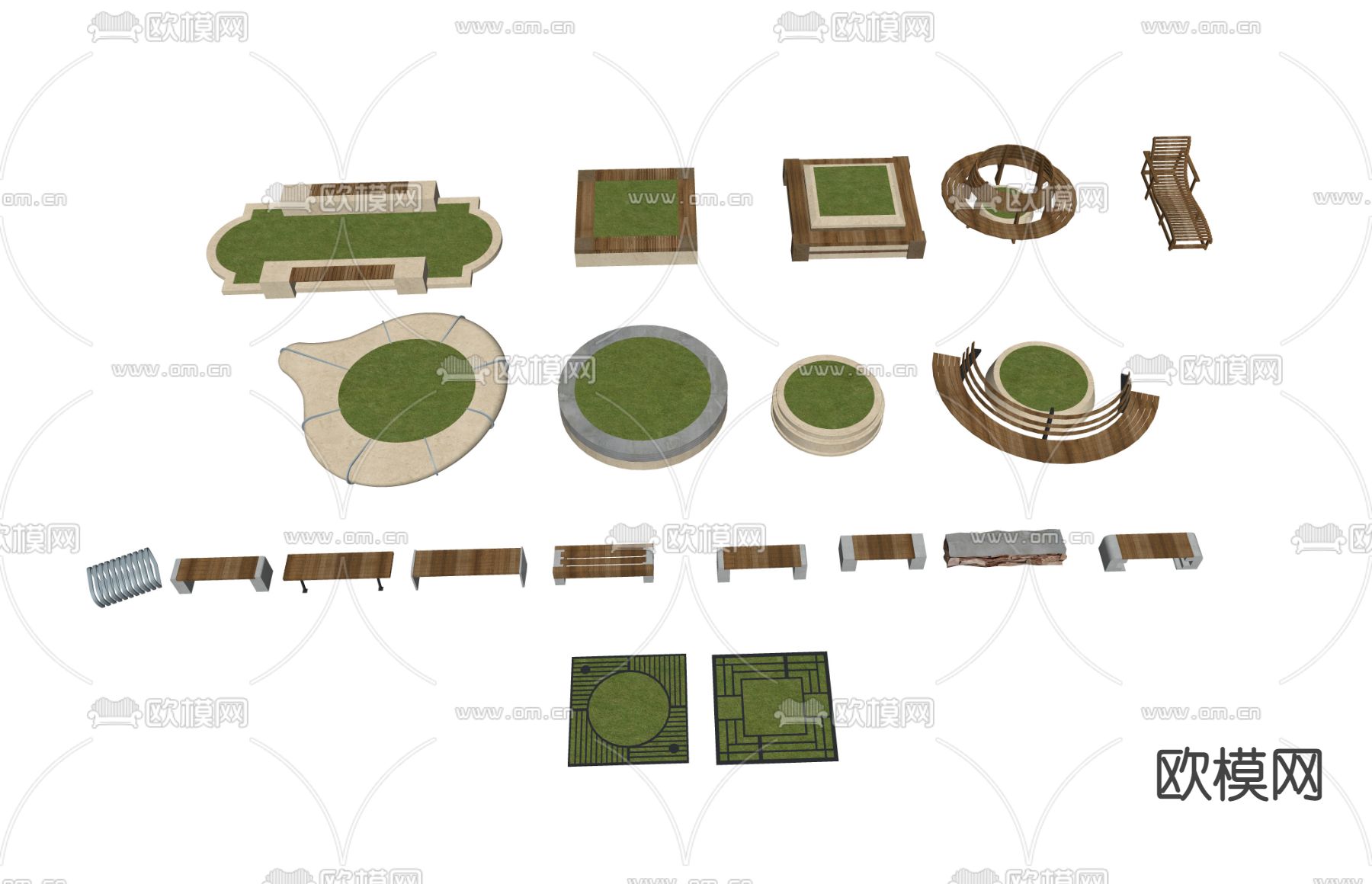 现代户外树池花坛座椅su模型下载（渲染图2）