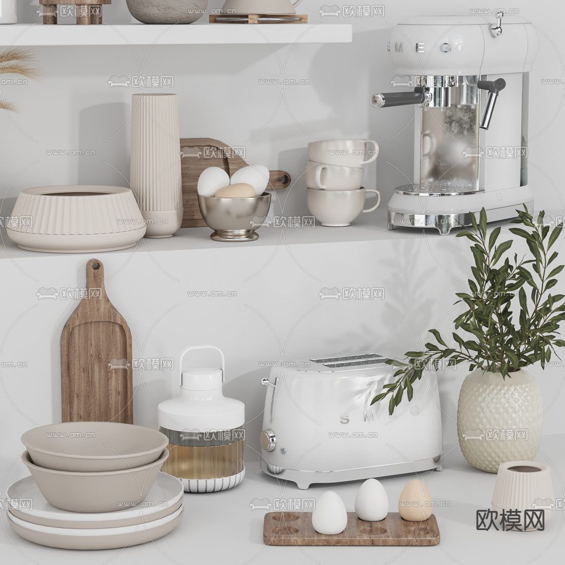 现代碗碟咖啡机厨房用品3d模型下载（渲染图5）