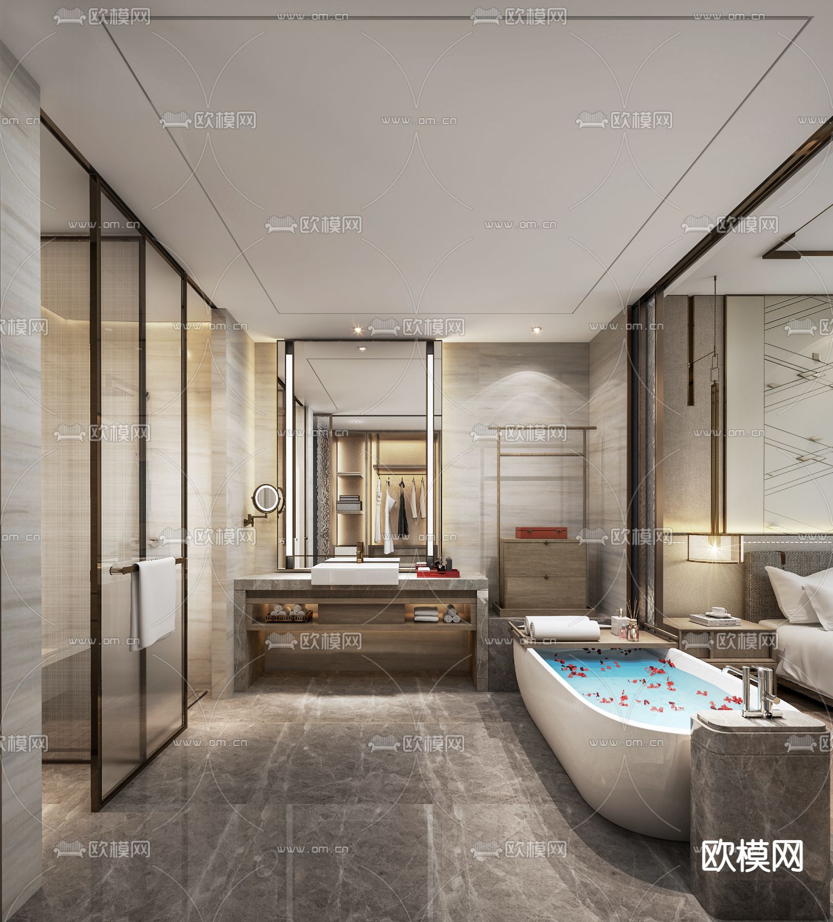 现代轻奢酒店客房浴室卫生间3d模型下载