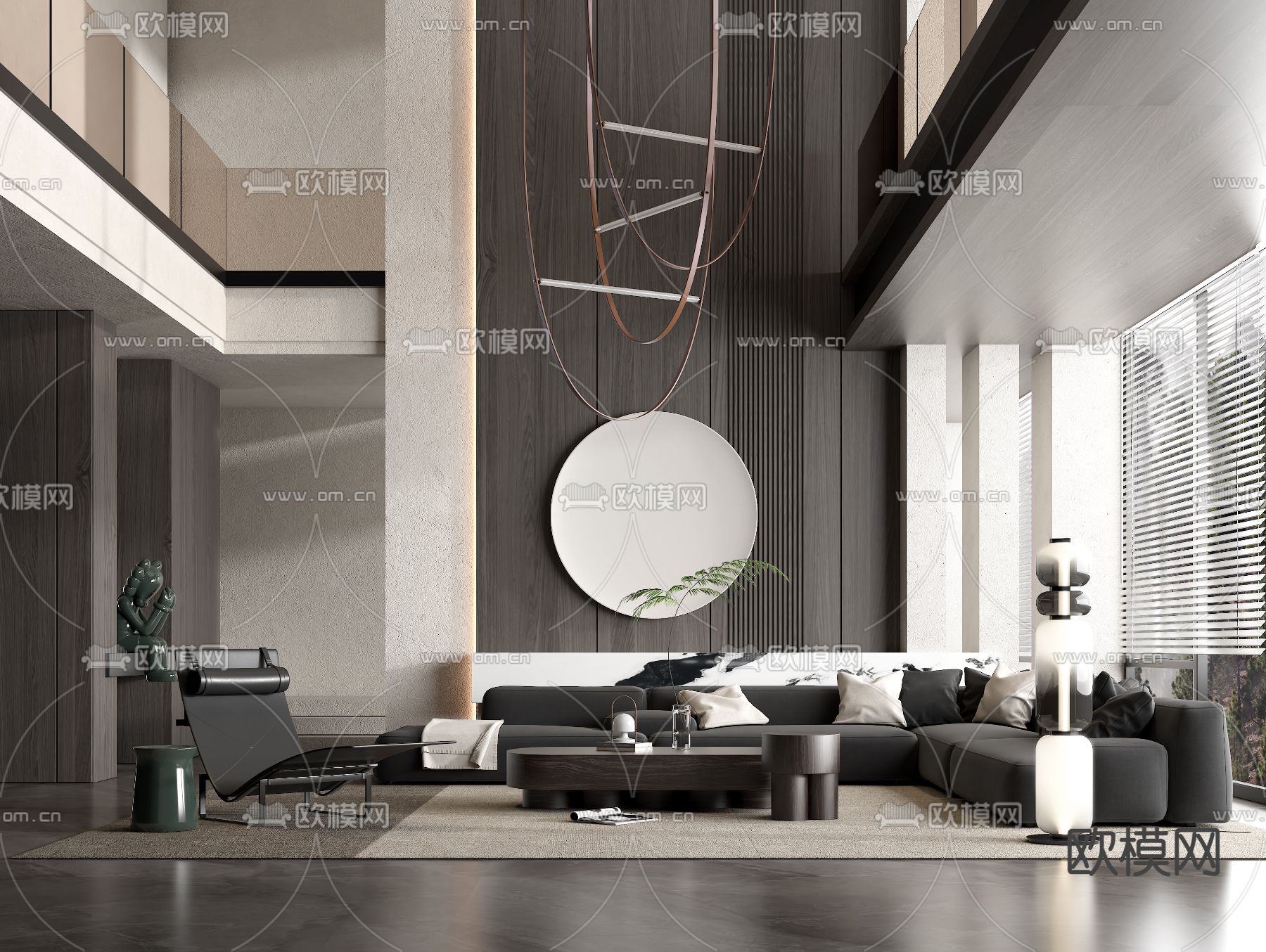 现代高级灰别墅客厅3d模型下载（渲染图1）