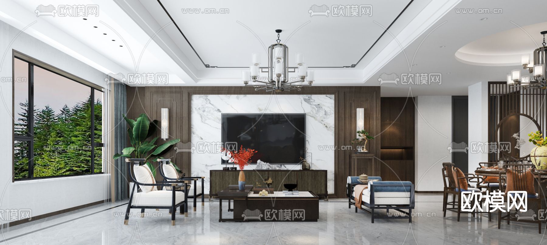 新中式客餐厅卧室免费3d模型下载（渲染图7）