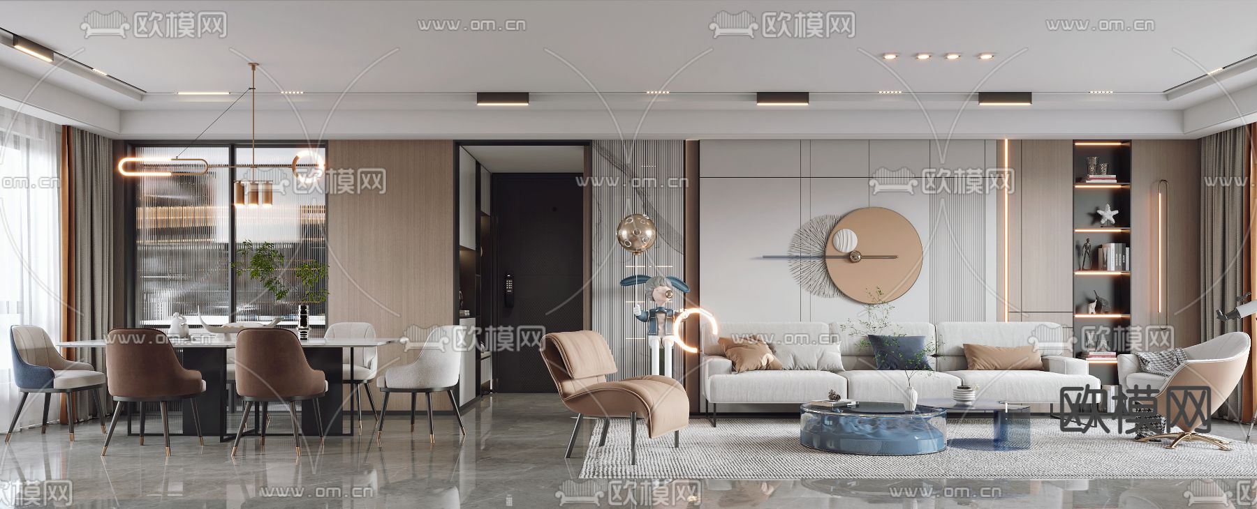 现代轻奢客厅餐厅3d模型