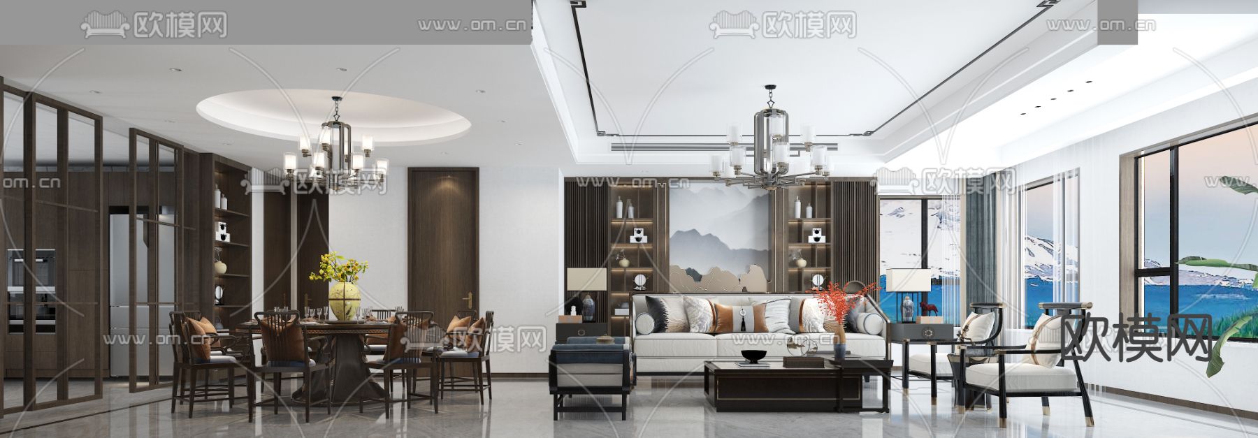 新中式客餐厅卧室免费3d模型下载（渲染图2）