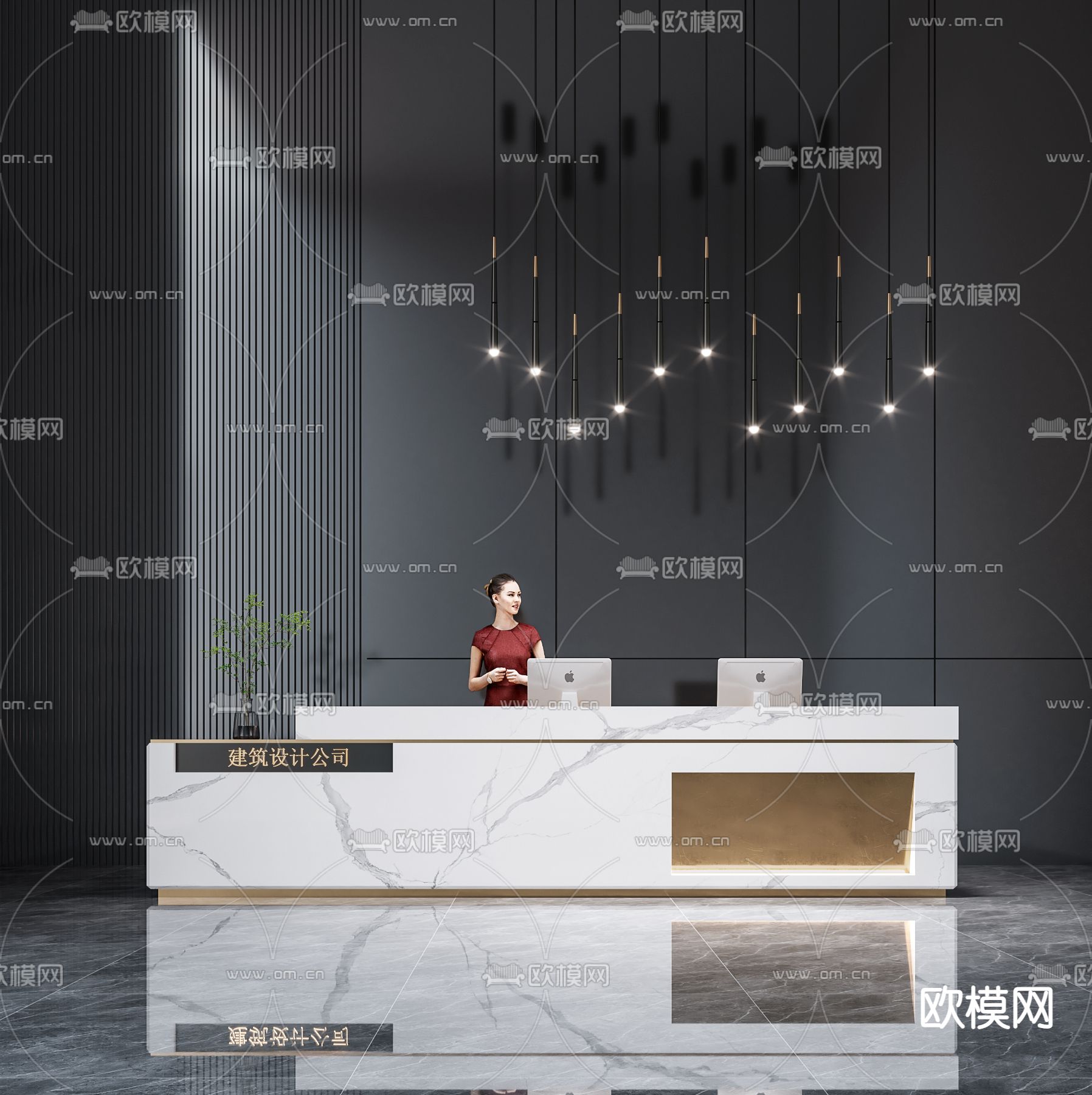 现代公司前厅接待台d模型下载