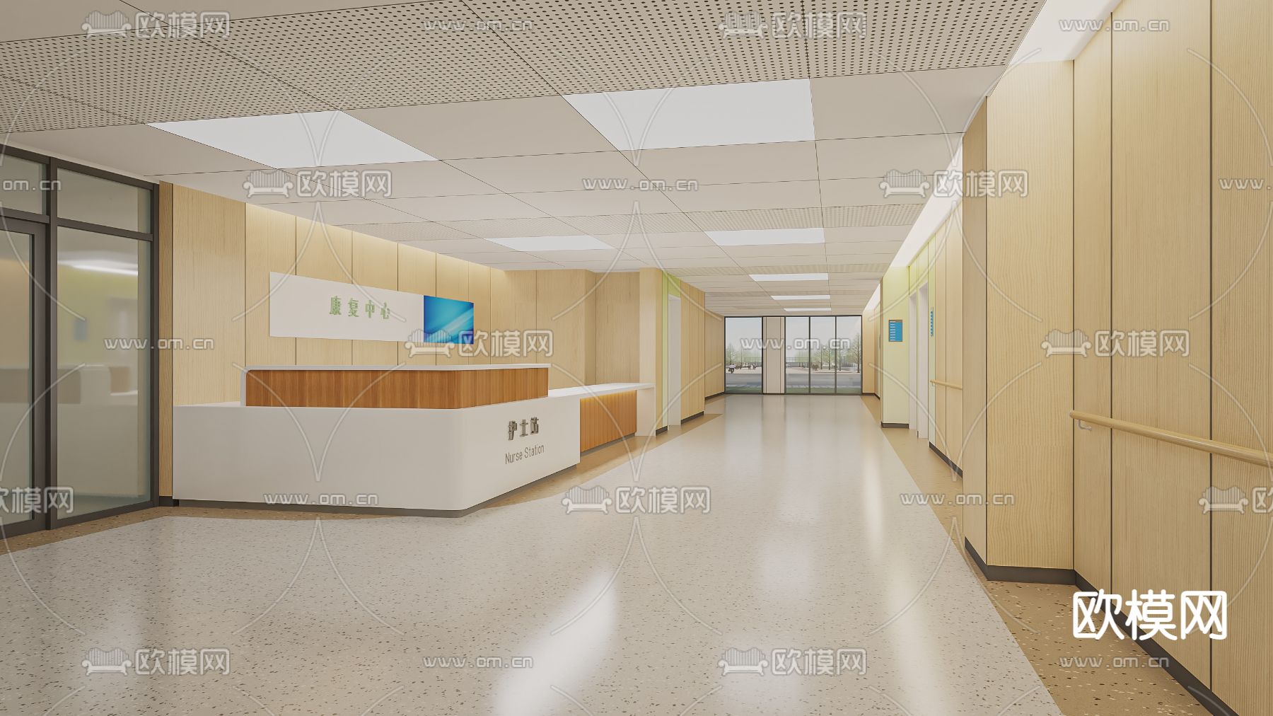 现代医院护士台过道3d模型下载（渲染图1）