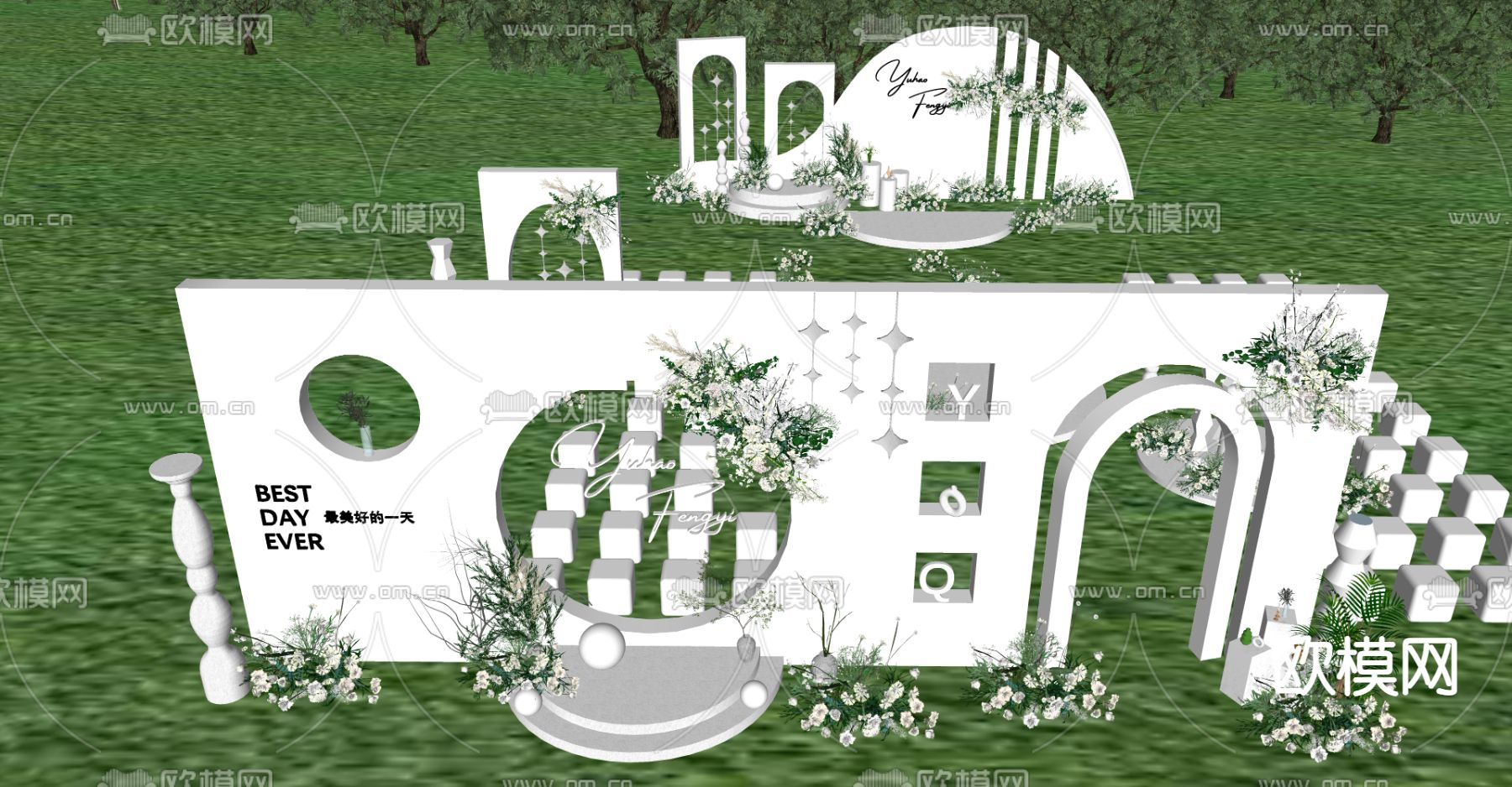现代白绿色草坪婚礼su模型下载（渲染图4）
