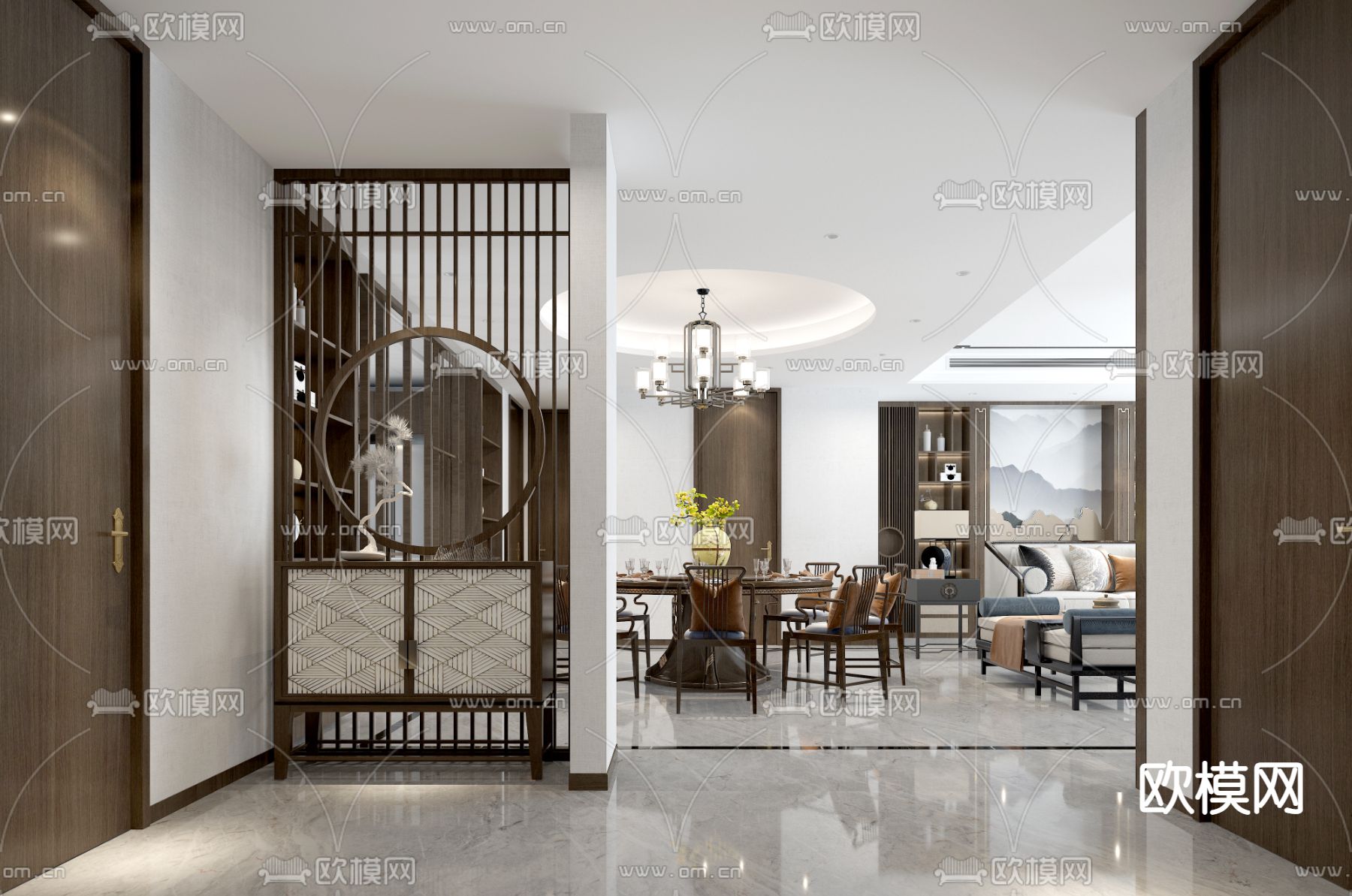 新中式客餐厅卧室免费3d模型下载（渲染图6）