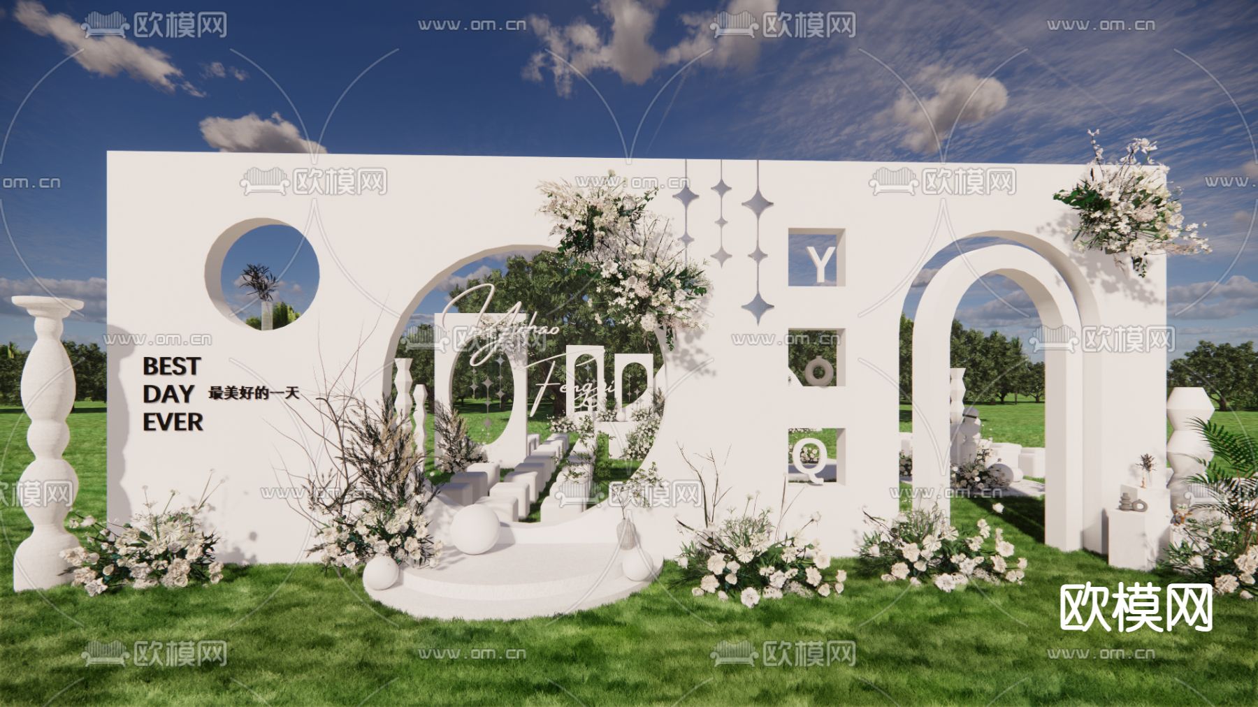 现代白绿色草坪婚礼su模型下载（渲染图1）