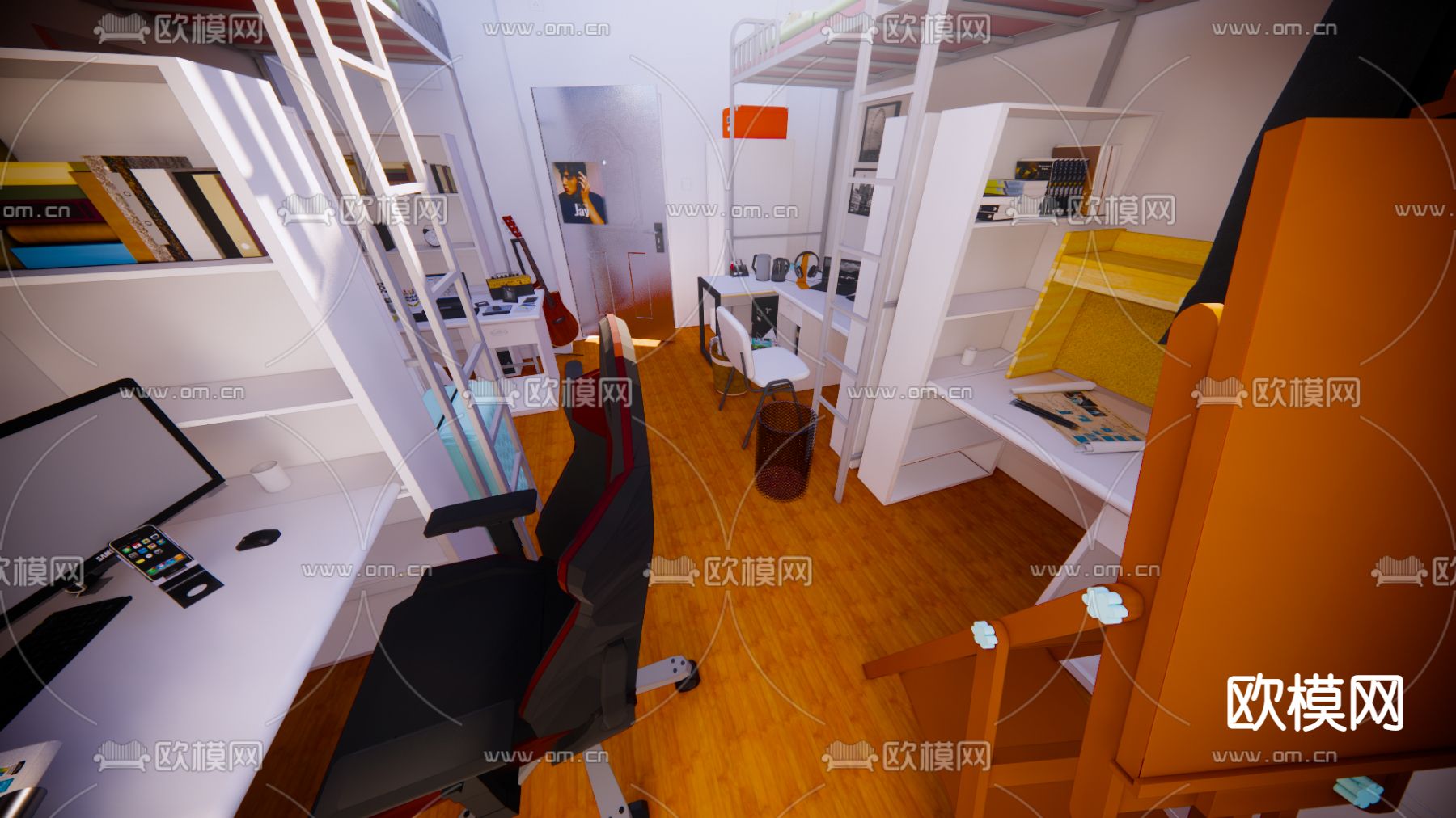 现代大学生宿舍免费3d模型下载（渲染图1）